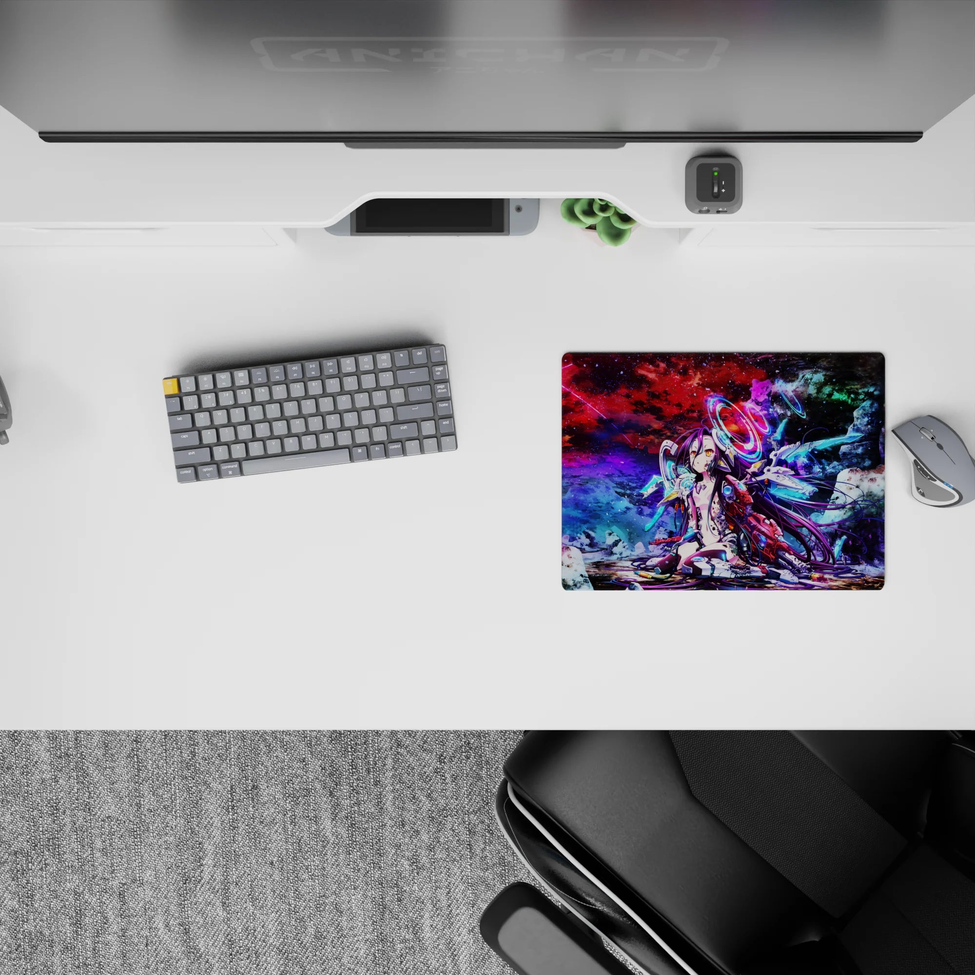 Galaxy‑tone anime girl mouse pad 14x10 inches in reds, purples, and icy blues with a lonely fierce vibe.