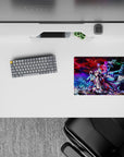 Galaxy‑tone anime girl mouse pad 14x10 inches in reds, purples, and icy blues with a lonely fierce vibe.