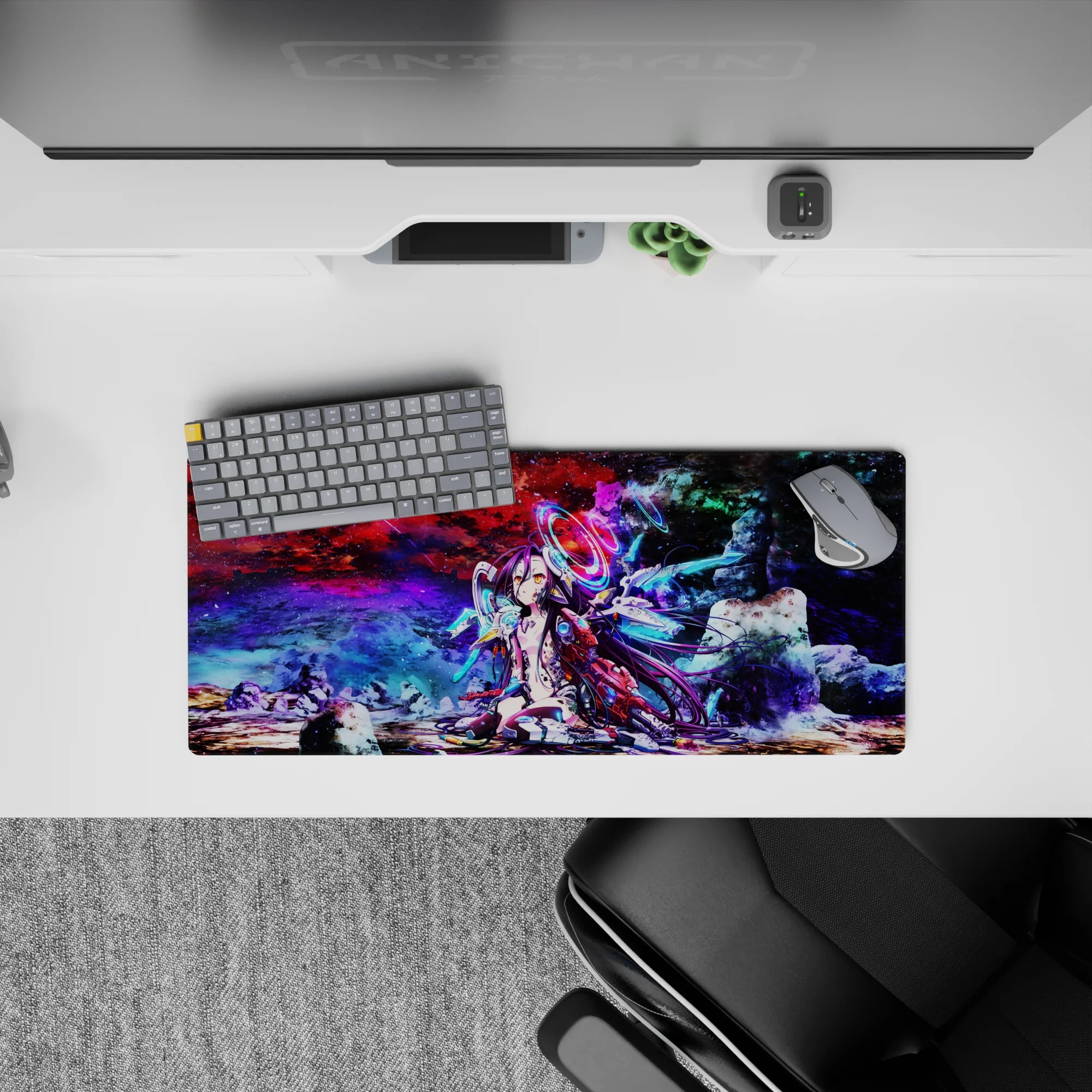 28x12 inches desk mouse pad in reds, purples, icy blues; sweet lonely sci-fi vibe with bold print.