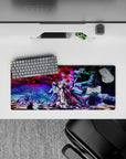 28x12 inches desk mouse pad in reds, purples, icy blues; sweet lonely sci-fi vibe with bold print.