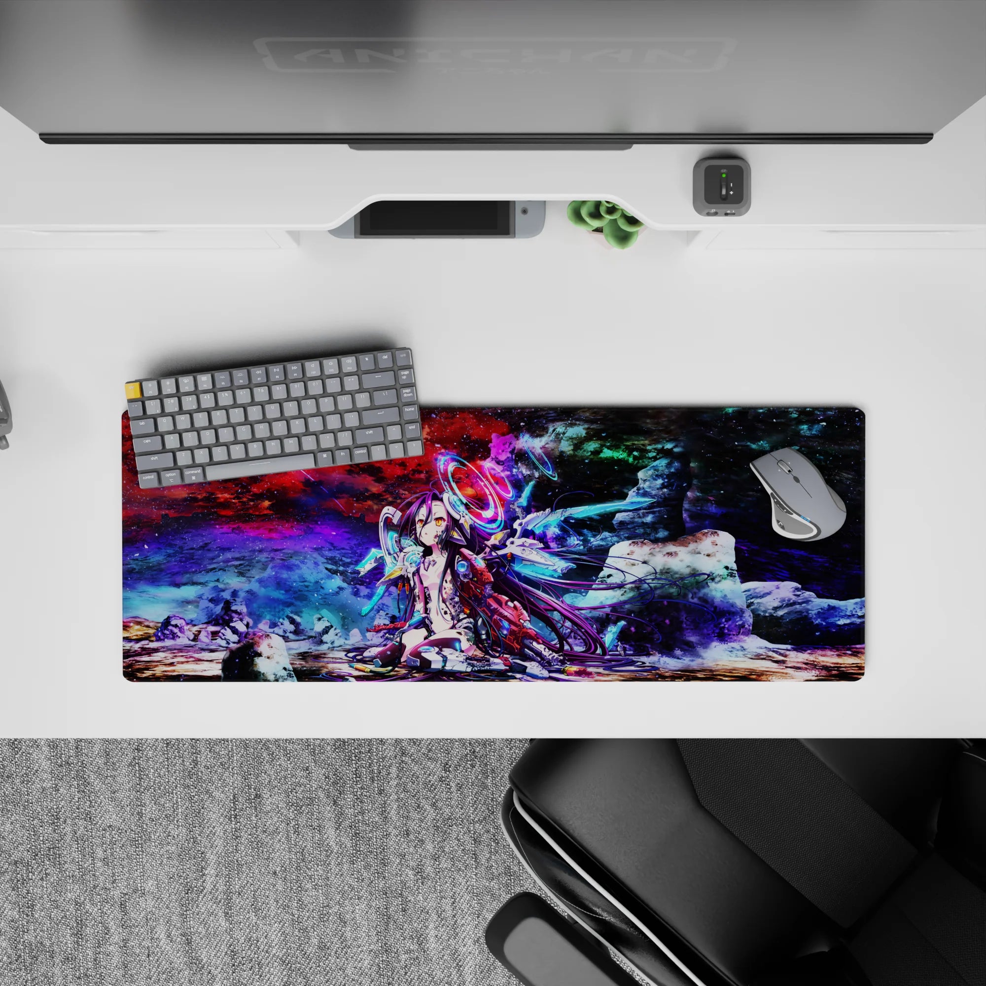32x12 inches desk mat in reds, purples, and icy blues with a sweet, lonely neon sci-fi vibe.