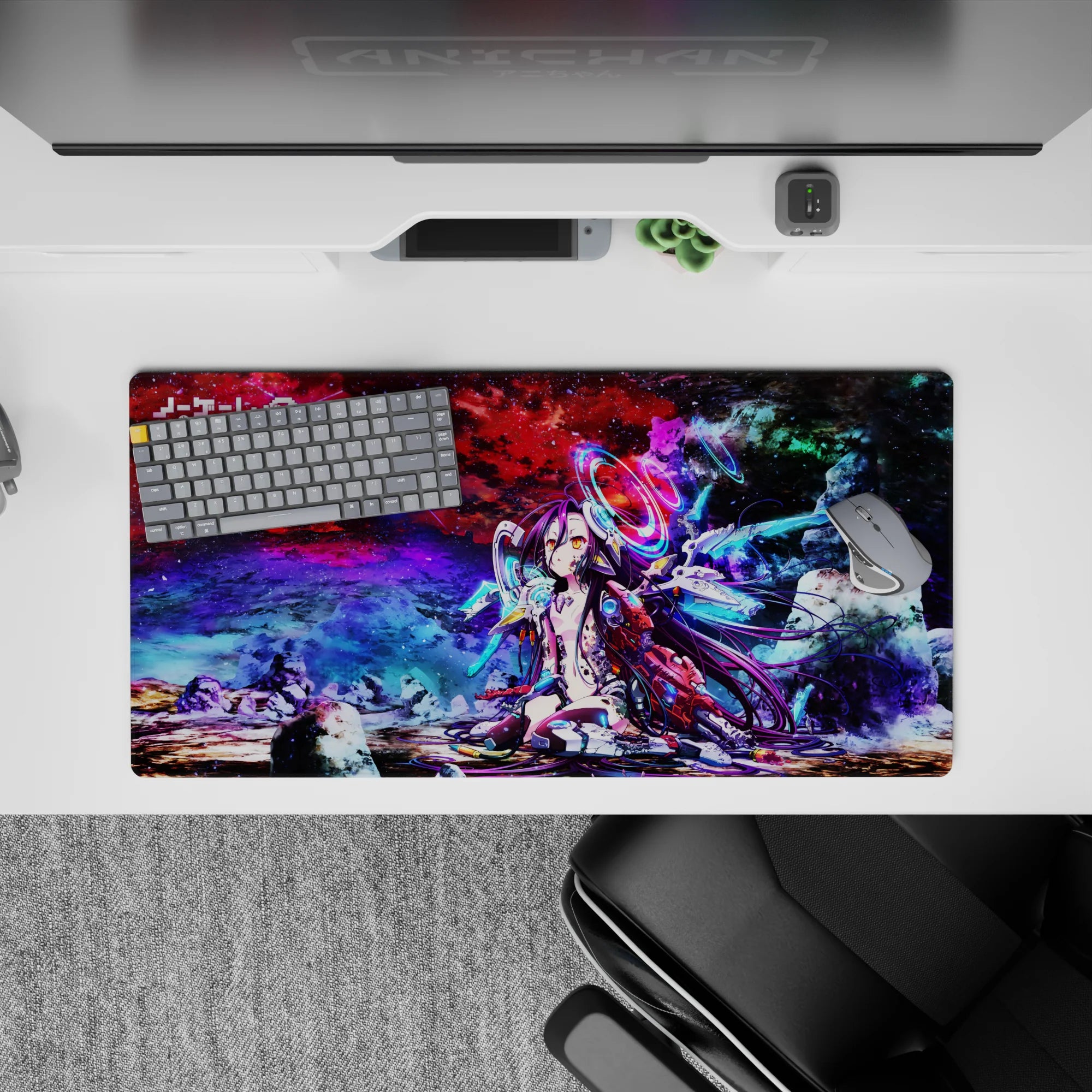 Cyber starfield anime girl mouse pad 32x16 inches in reds, purples, icy blues; sweet, lonely, fierce vibe.
