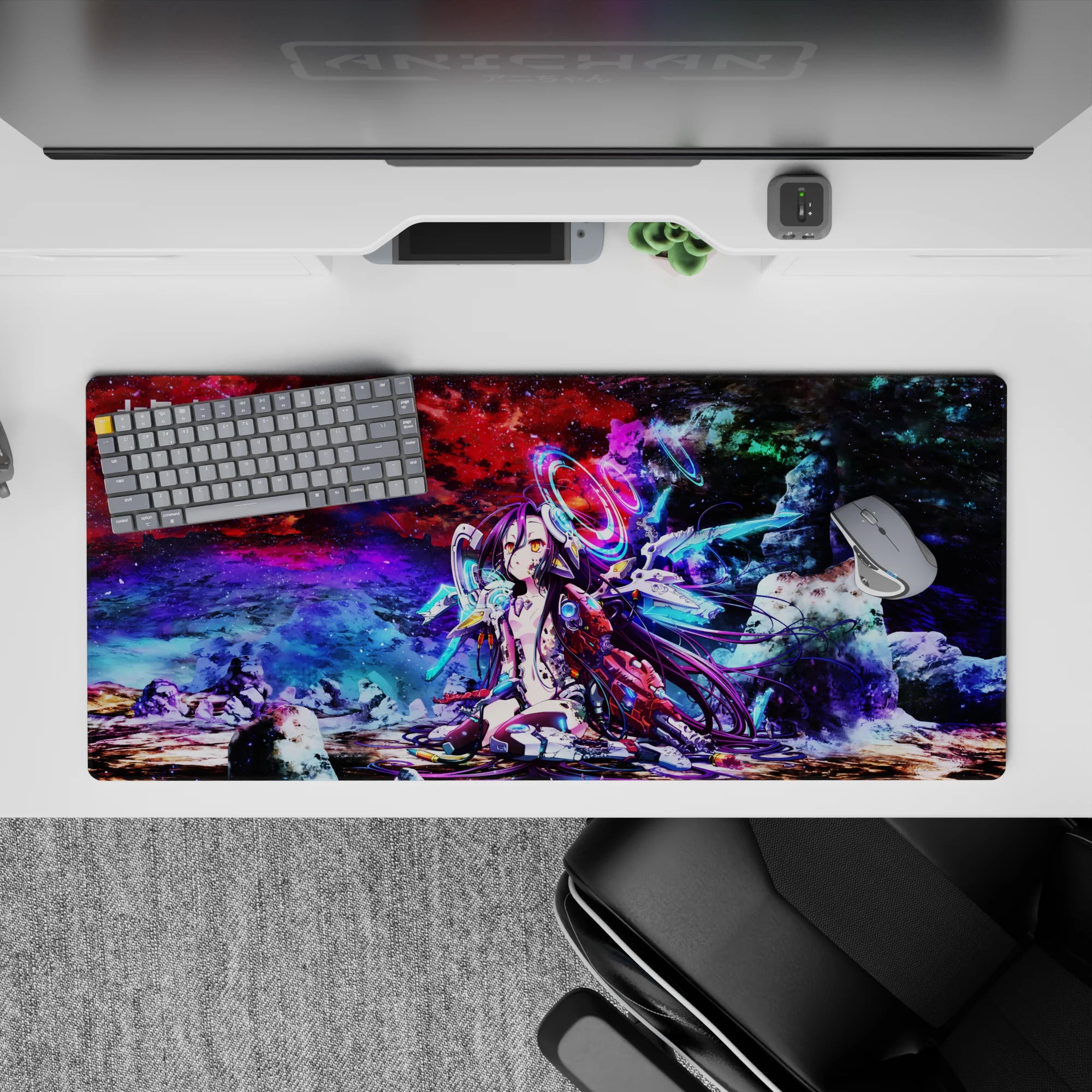 36x16 inches desk pad in red, purple, and icy blue neon tones with a sweet, lonely, fierce vibe.