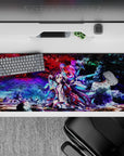 36x16 inches desk pad in red, purple, and icy blue neon tones with a sweet, lonely, fierce vibe.