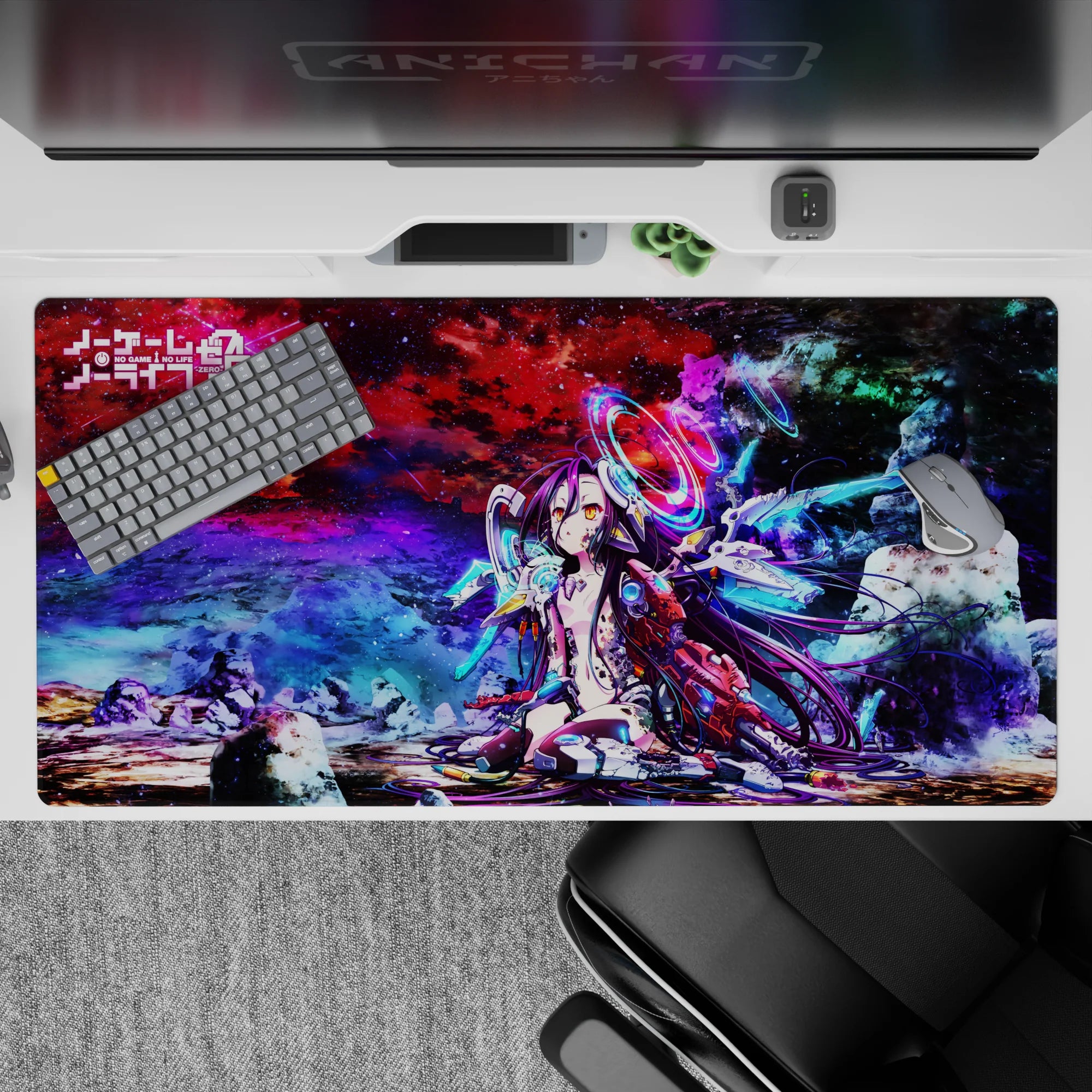 Vivid reds, purples, and icy blues anime desk pad 40x20 inches with a sweet, lonely, fierce vibe.