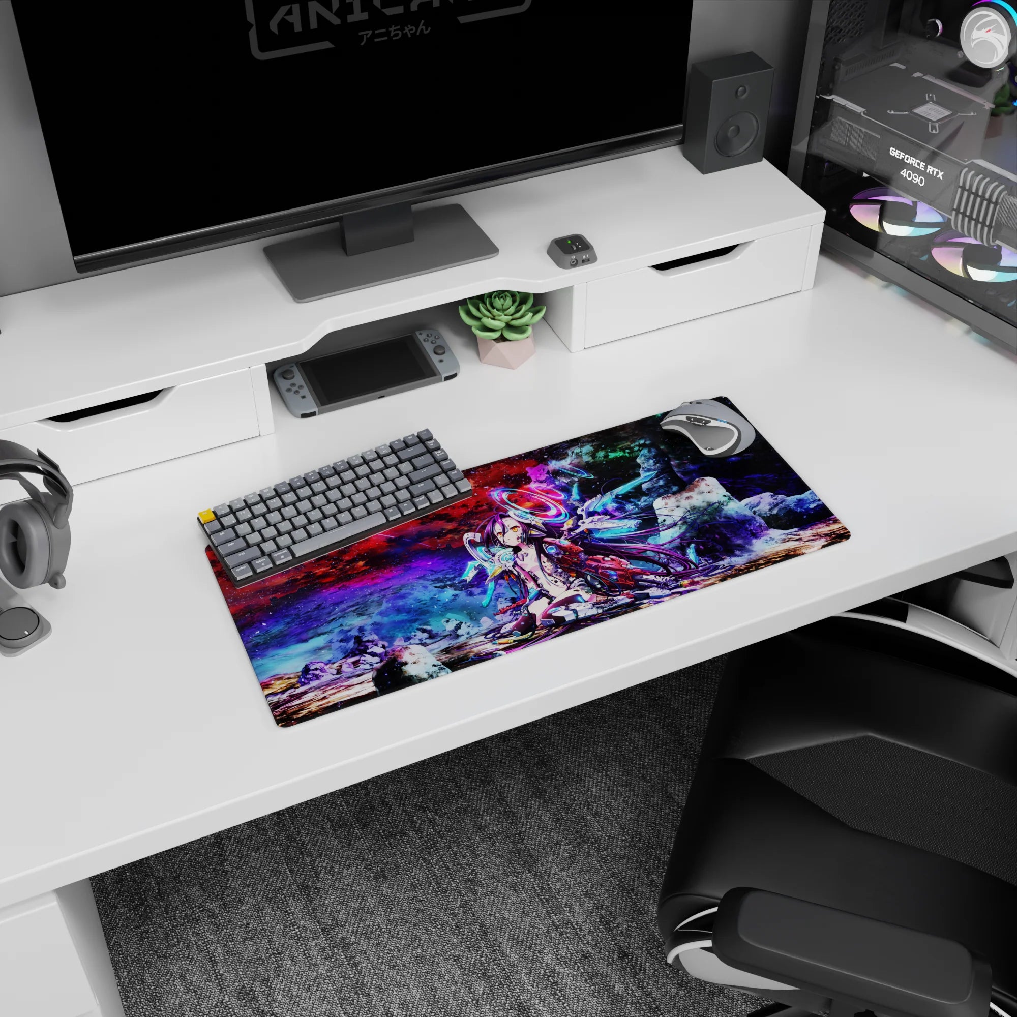 28x12 inches Shiro No Game No Life: Zero mouse pad, violet hair spread on floor under cyan holo rings.
