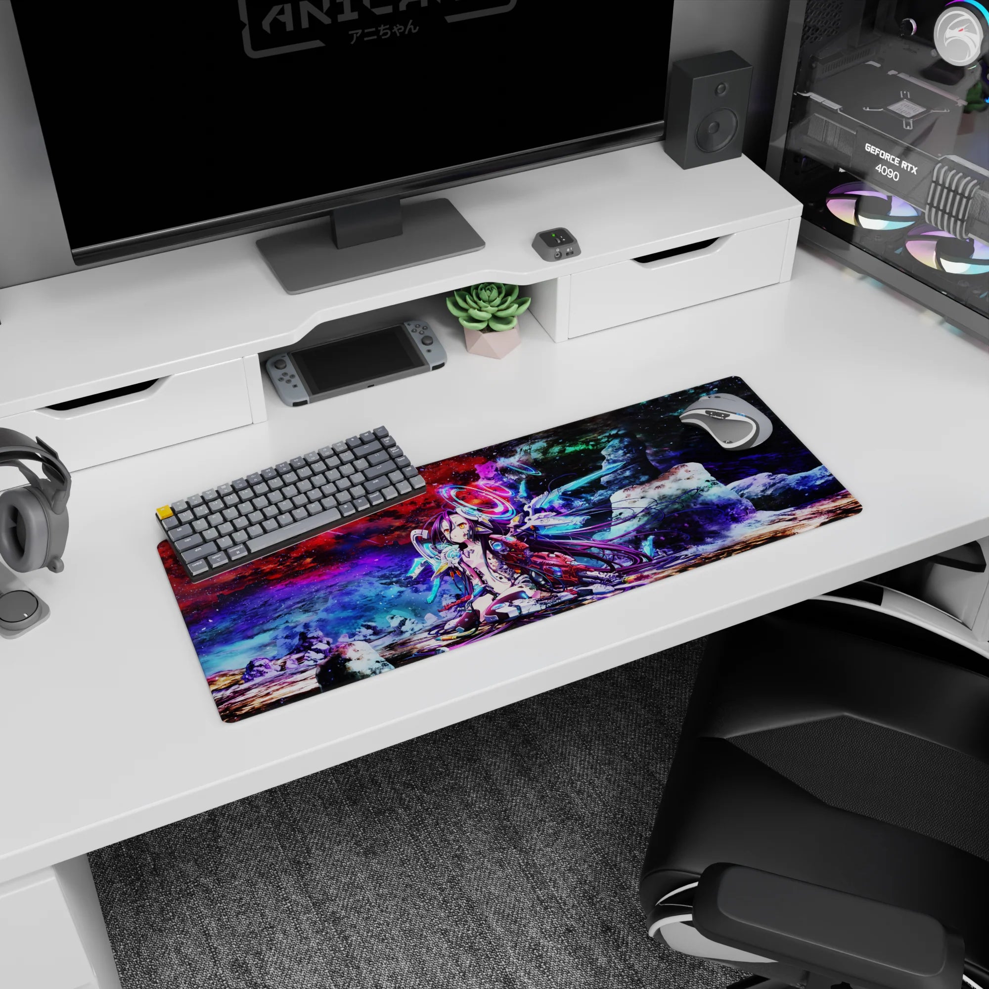 32x12 inches Shiro No Game No Life: Zero mouse pad, violet hair on the floor beneath glowing cyan rings.
