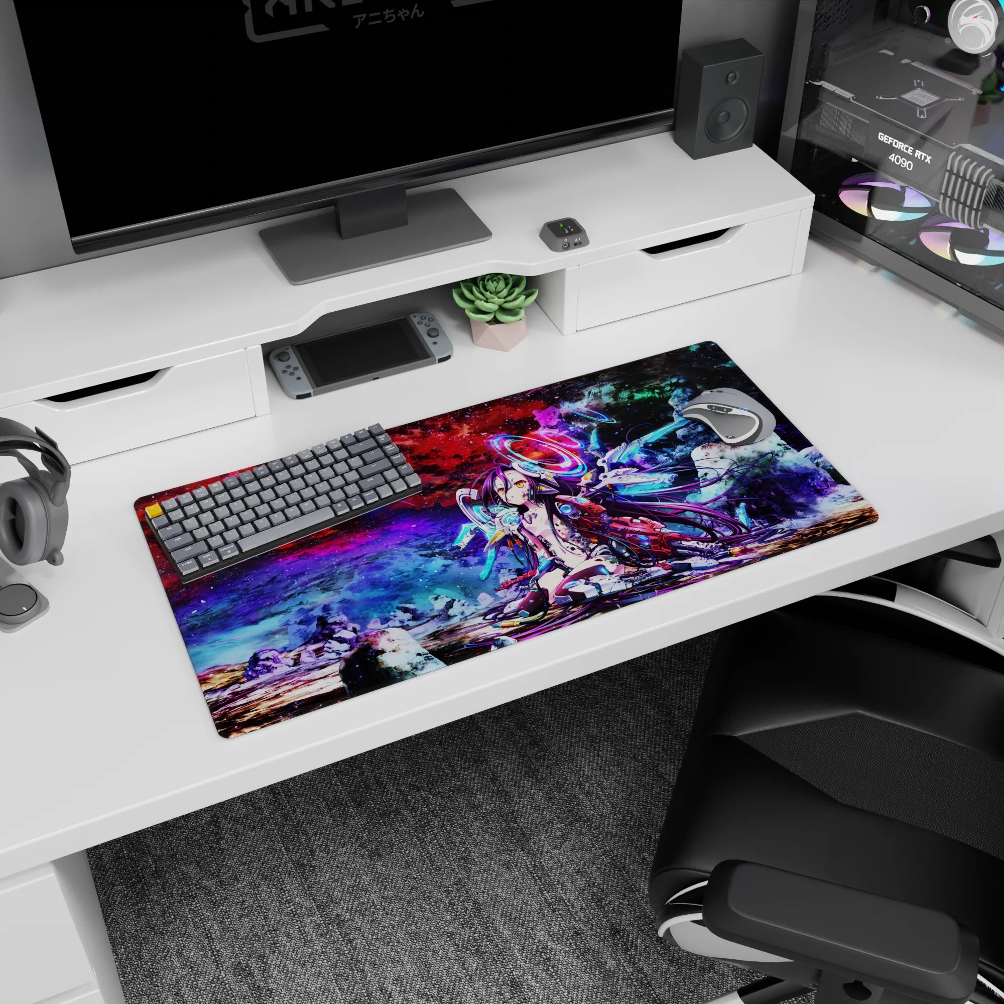 Shiro from No Game No Life: Zero anime girl mouse pad 32x16 inches with long violet hair and cyan halos.