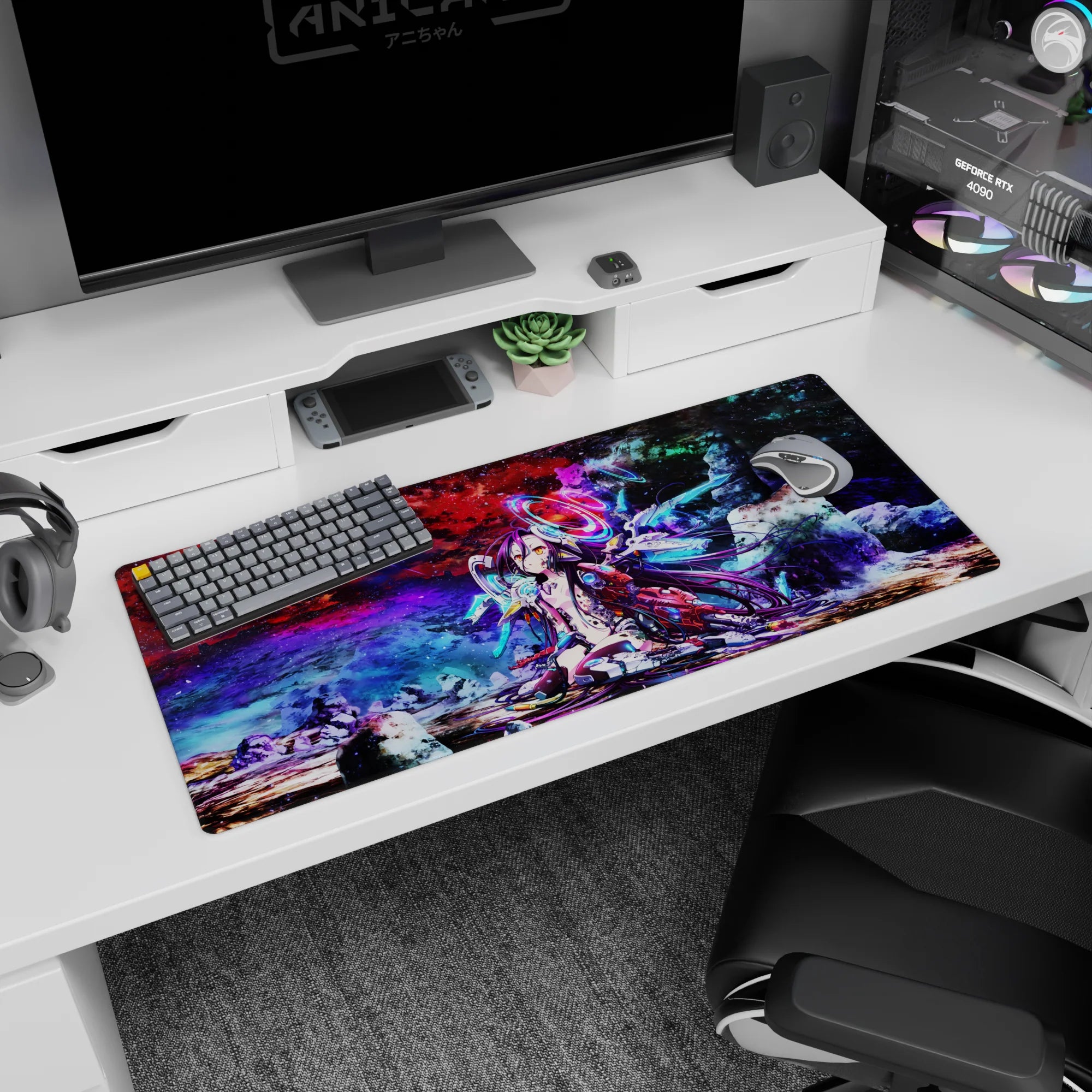 36x16 inches Shiro No Game No Life Zero desk pad, violet hair on floor, cyan holo rings overhead.