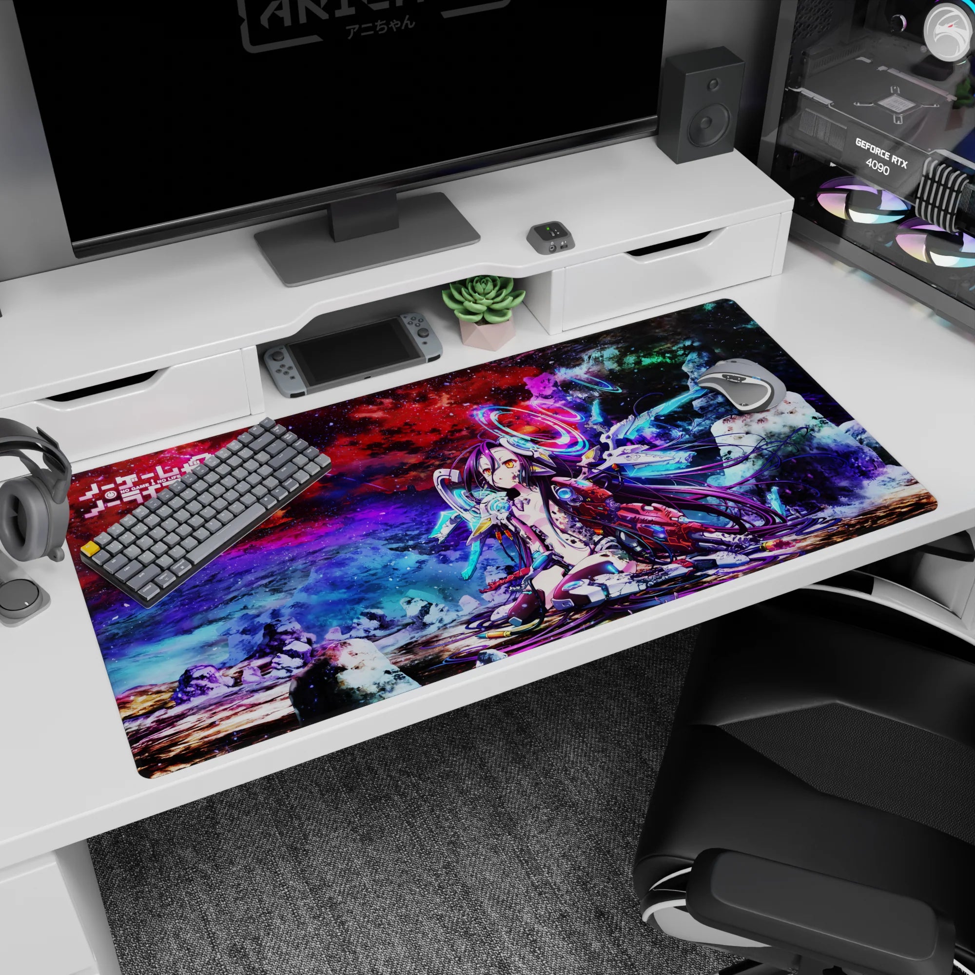 Shiro from No Game No Life: Zero on a 40x20 inches desk pad, long violet hair and glowing cyan rings.