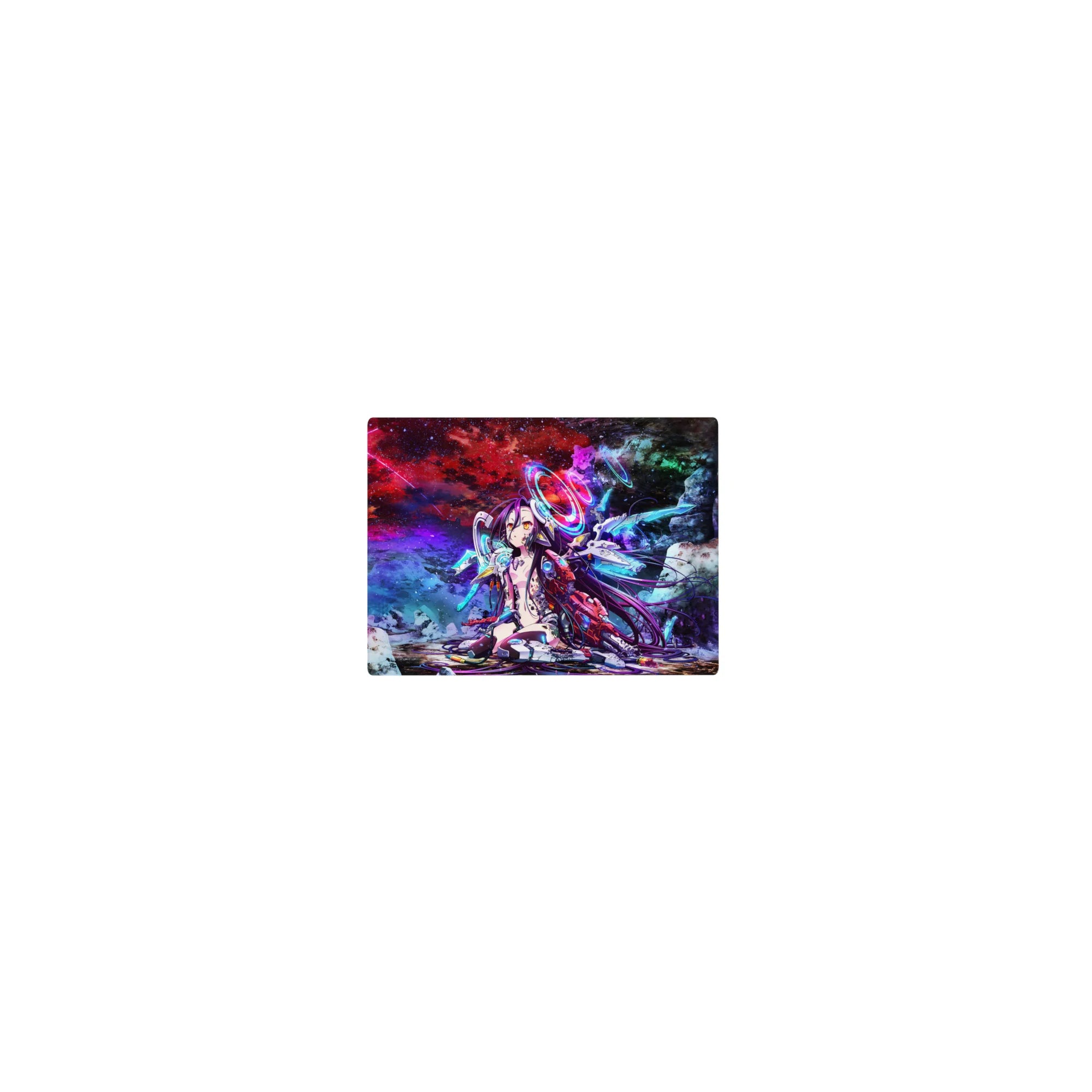 Classic anime girl mouse pad 14x10 inches with neon sci‑fi armor, holo rings, and starfield backdrop.