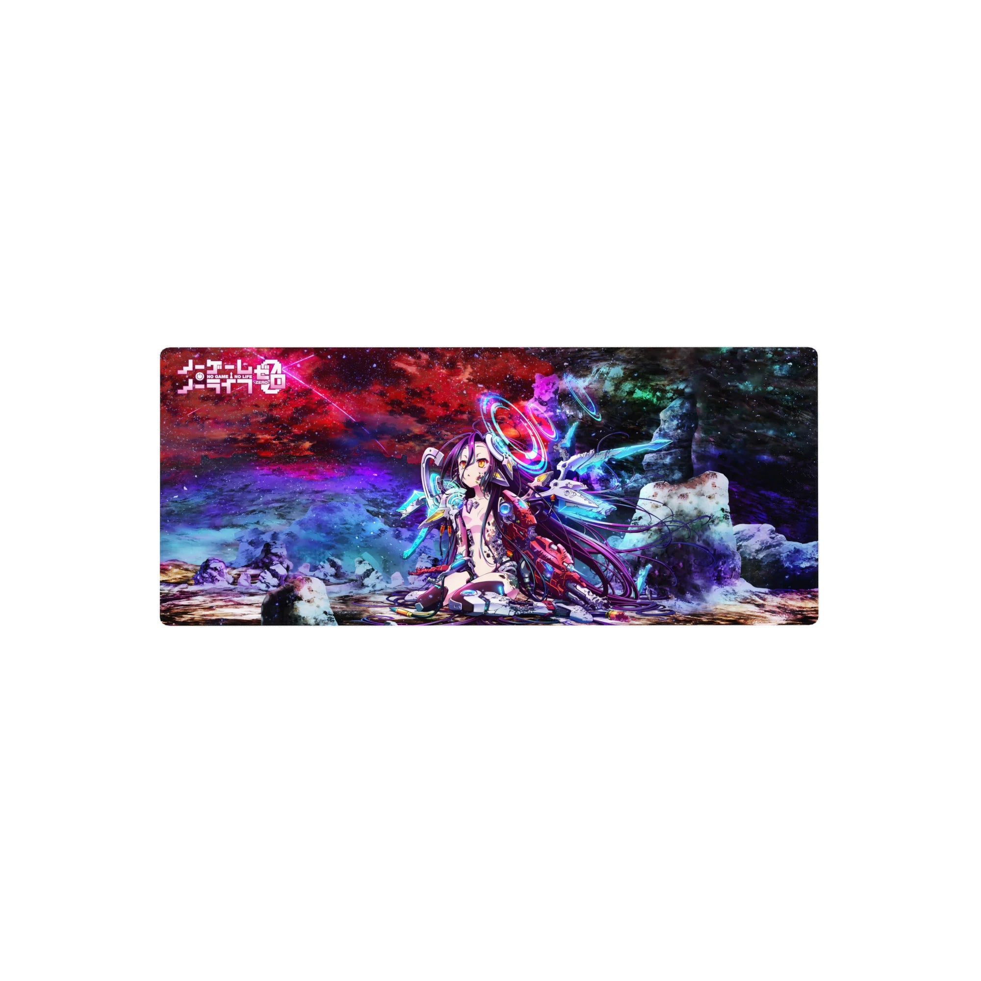 28x12 inches anime girl mouse pad with neon galaxy starfield, holo rings, and tech armor details.