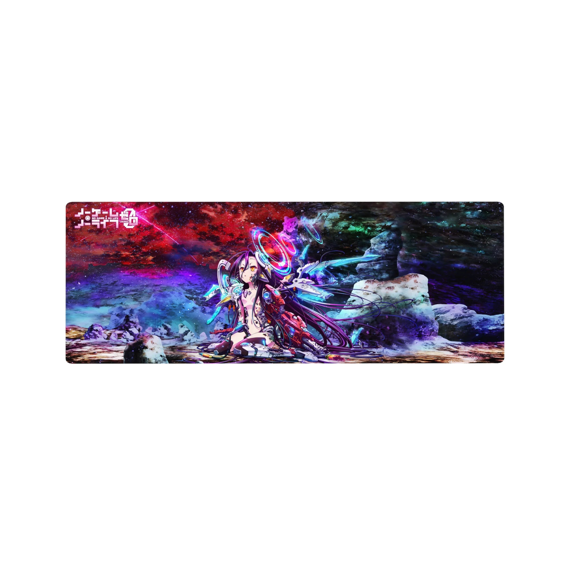 32x12 inches anime girl mouse pad with neon galaxy art, holo rings, tech armor, and starfield textures.