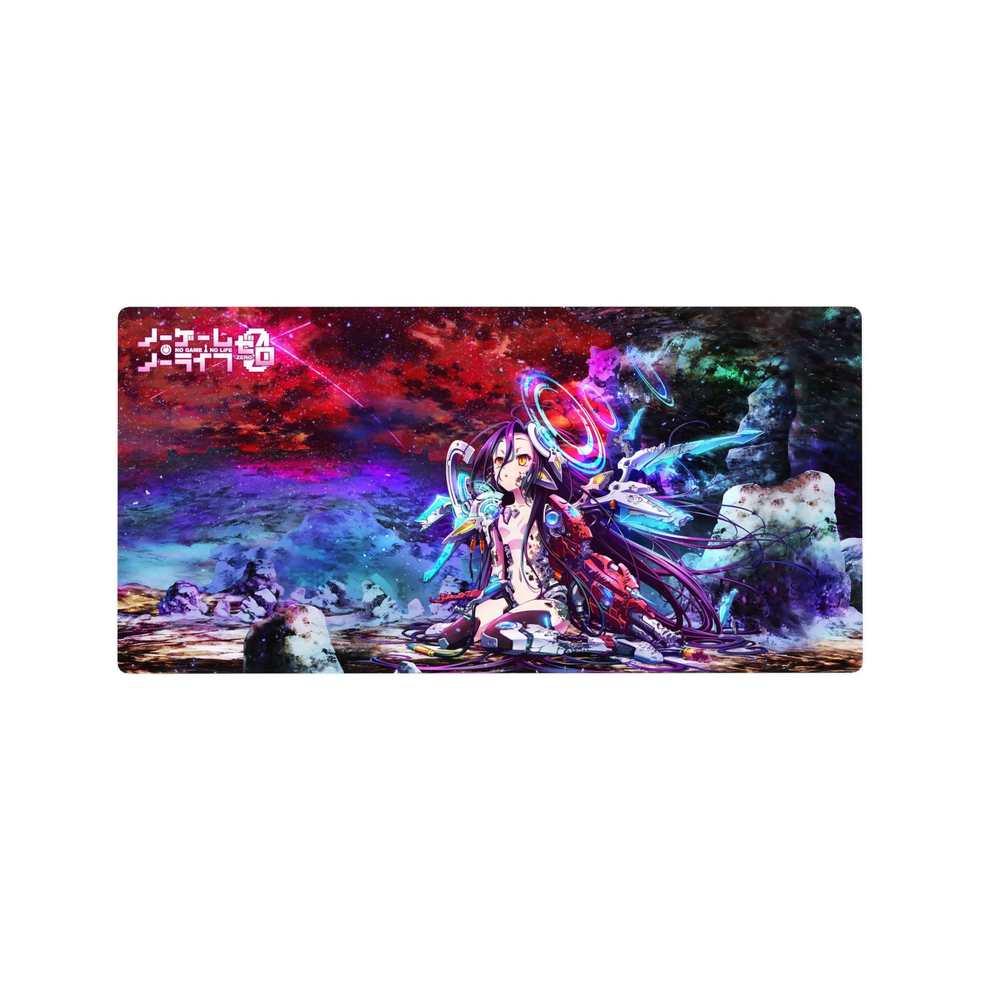 Neon galaxy anime girl mouse pad 32x16 inches with holo rings, tech armor, starfield and blade accents.