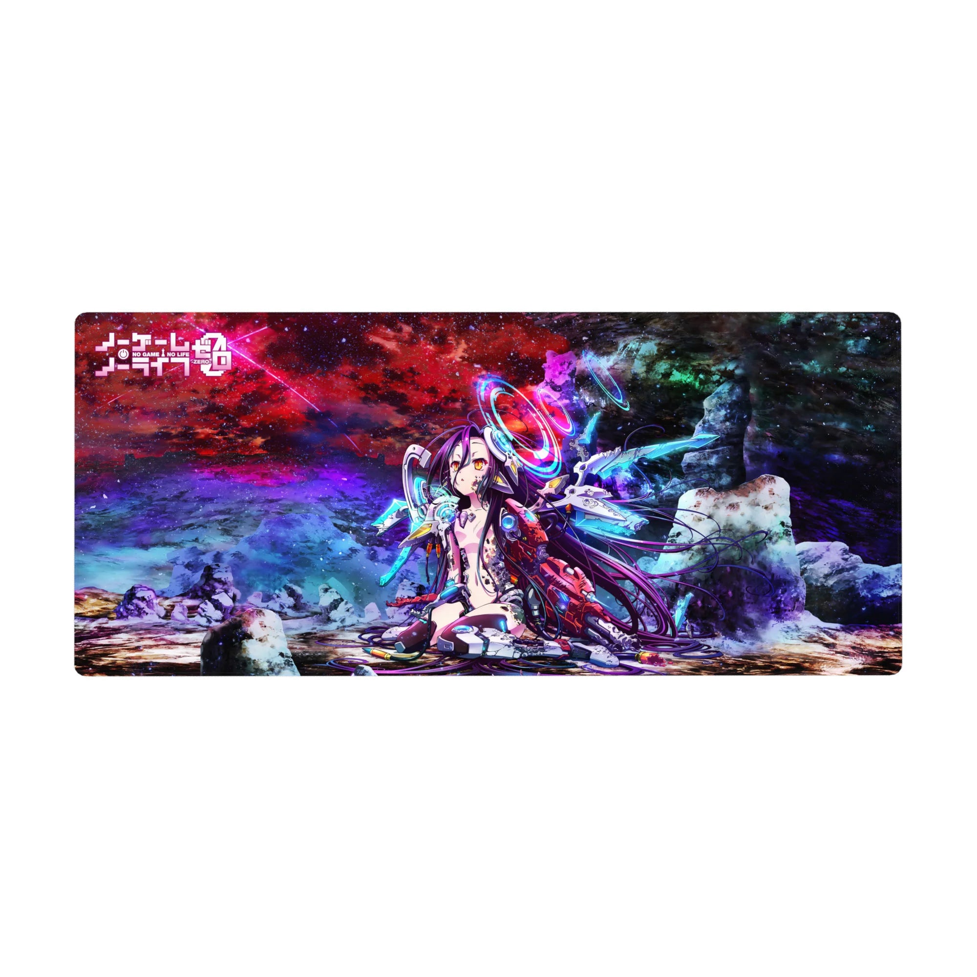 36x16 inches anime girl desk pad with neon galaxy tech armor, holo rings, and starfield stone textures.