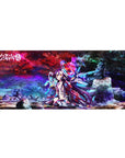 36x16 inches anime girl desk pad with neon galaxy tech armor, holo rings, and starfield stone textures.