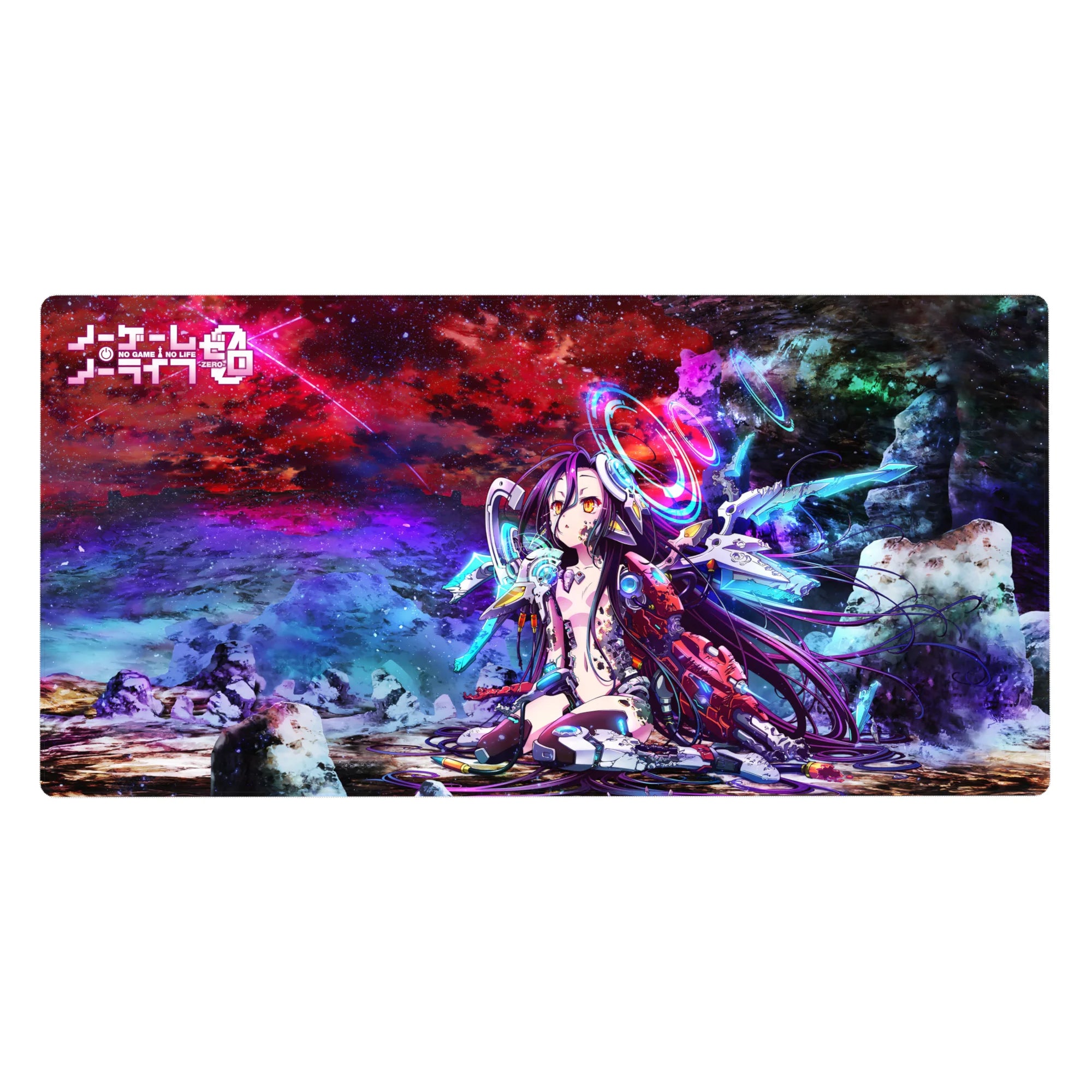 Neon galaxy anime girl desk pad 40x20 inches with holo rings, tech armor, and starfield backdrop.