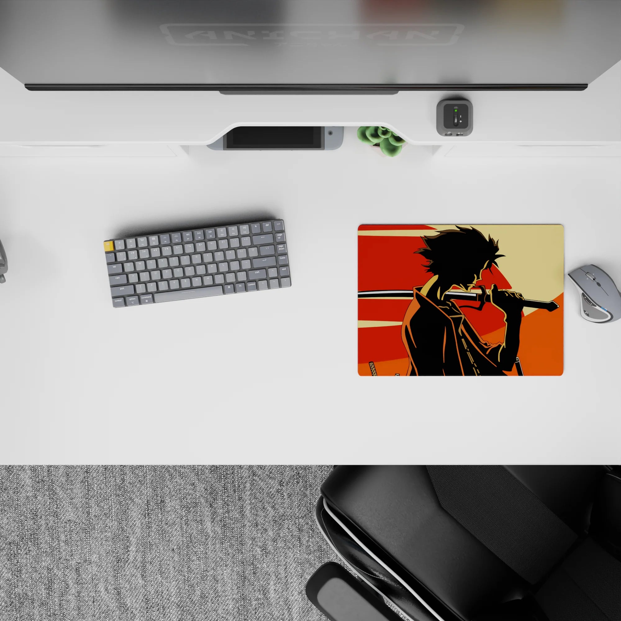Classic anime mouse pad in warm cream, black, and red with a moody nostalgic Samurai Champloo vibe, 14x10 inches.