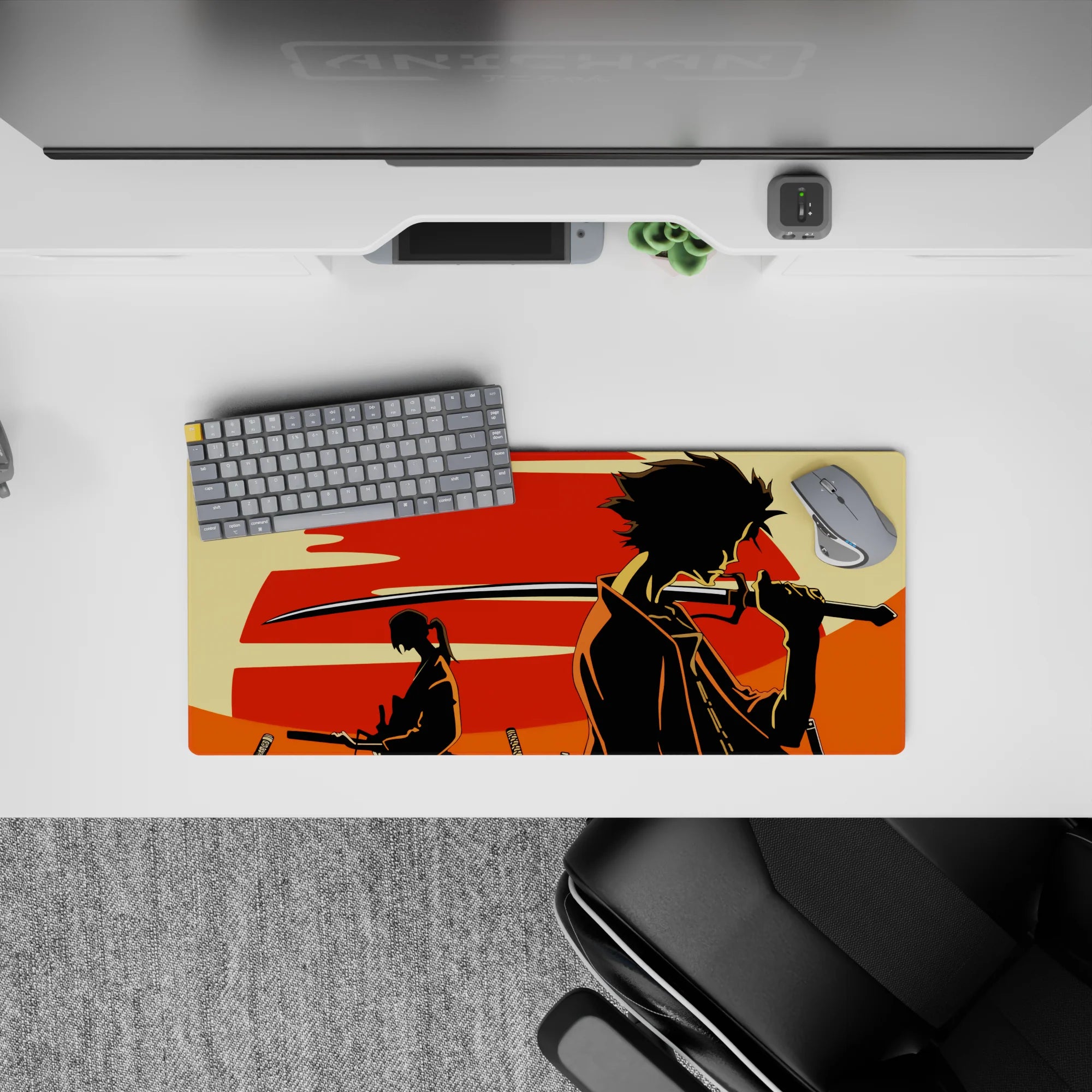 Anime mouse pad, 28x12 inches, in red, cream, and black with a moody nostalgic samurai scene.