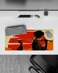 Anime mouse pad, 28x12 inches, in red, cream, and black with a moody nostalgic samurai scene.