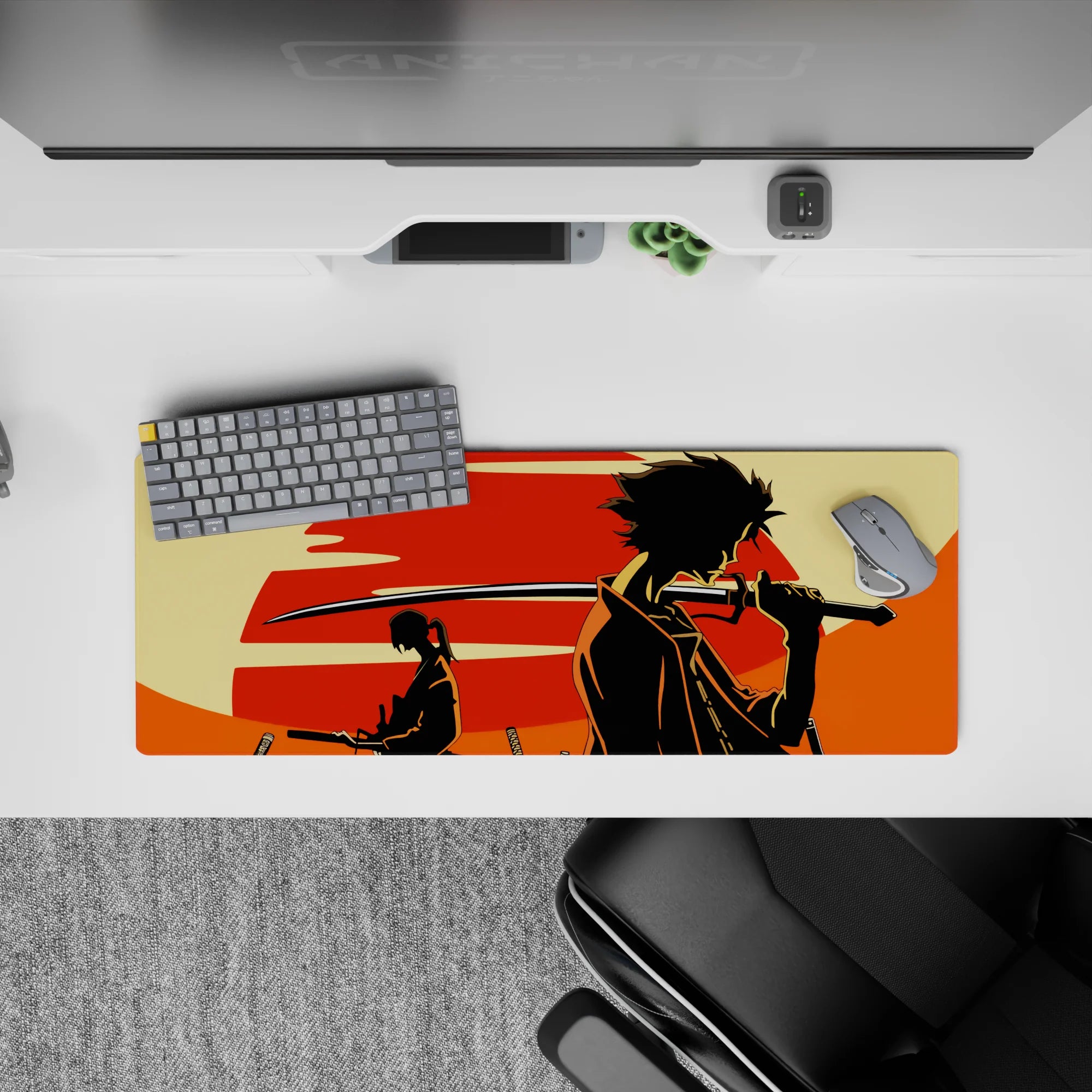 Anime mouse pad 32x12 inches with red sun, cream backdrop, and moody black silhouette design.