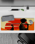 Anime mouse pad 32x12 inches with red sun, cream backdrop, and moody black silhouette design.