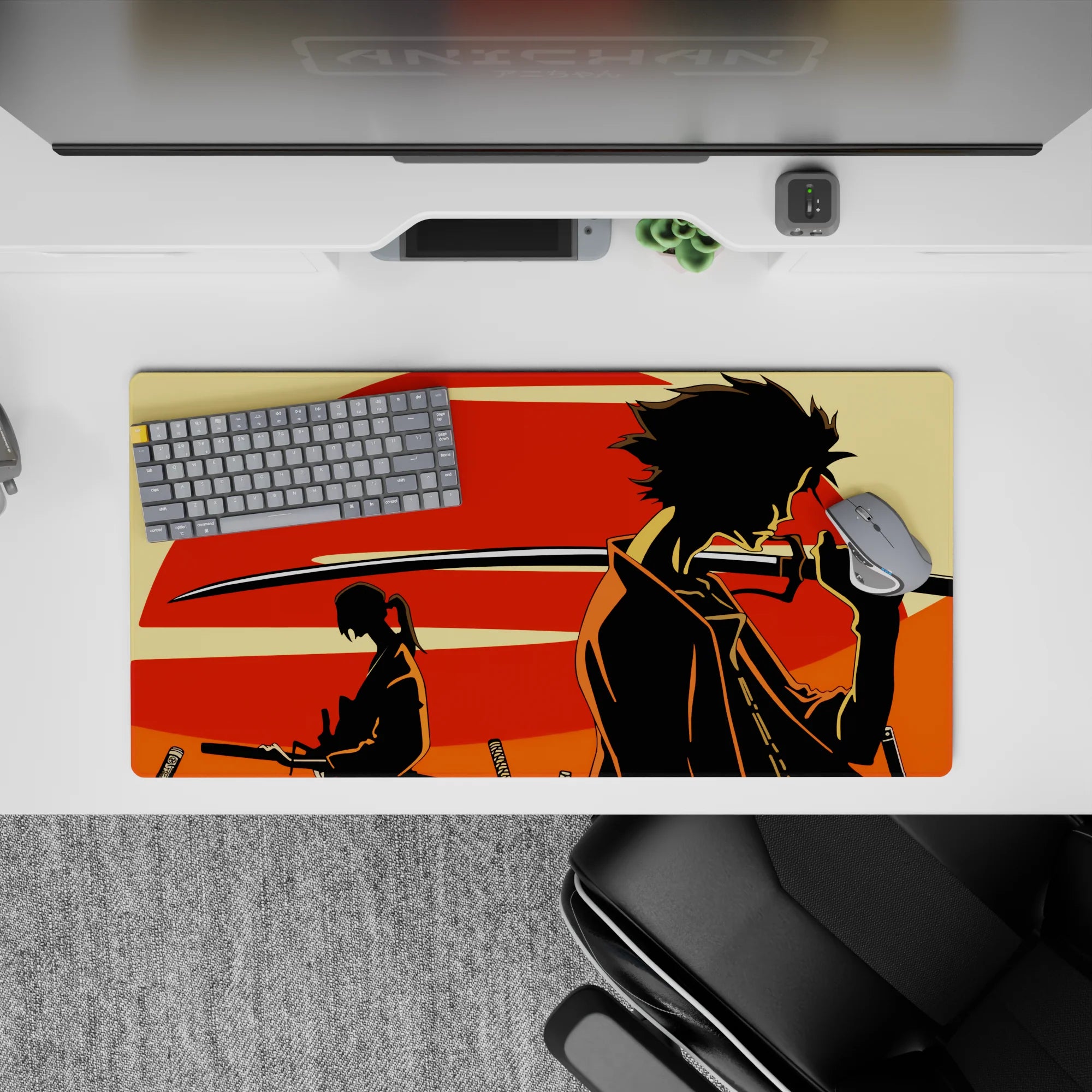 Anime mouse pad 32x16 inches in warm cream, black, and red sun tones with a moody nostalgic feel.