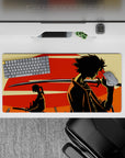 Anime mouse pad 32x16 inches in warm cream, black, and red sun tones with a moody nostalgic feel.