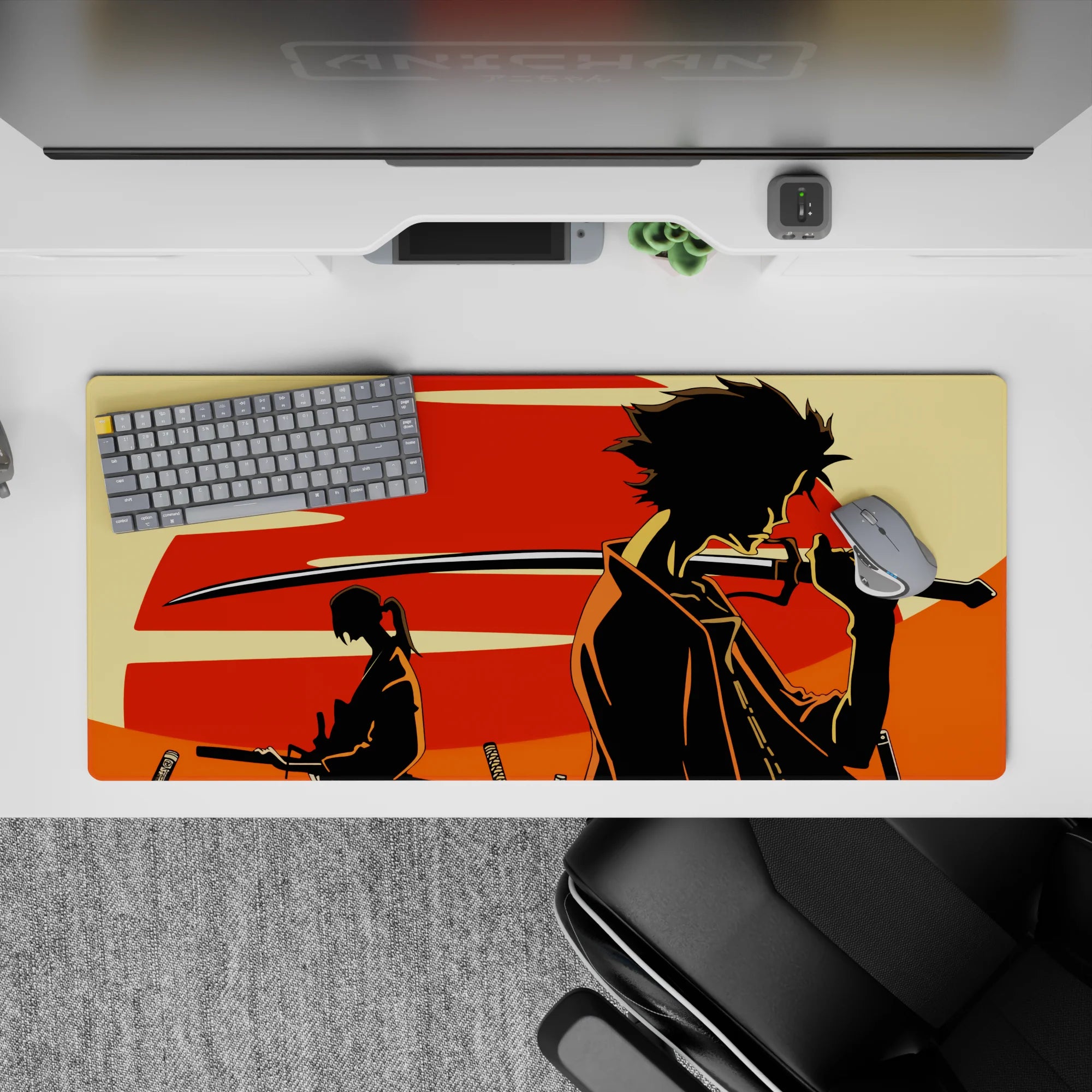 Moody anime desk pad 36x16 inches with red sun, cream background, and black silhouette artwork.