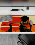 Moody anime desk pad 36x16 inches with red sun, cream background, and black silhouette artwork.