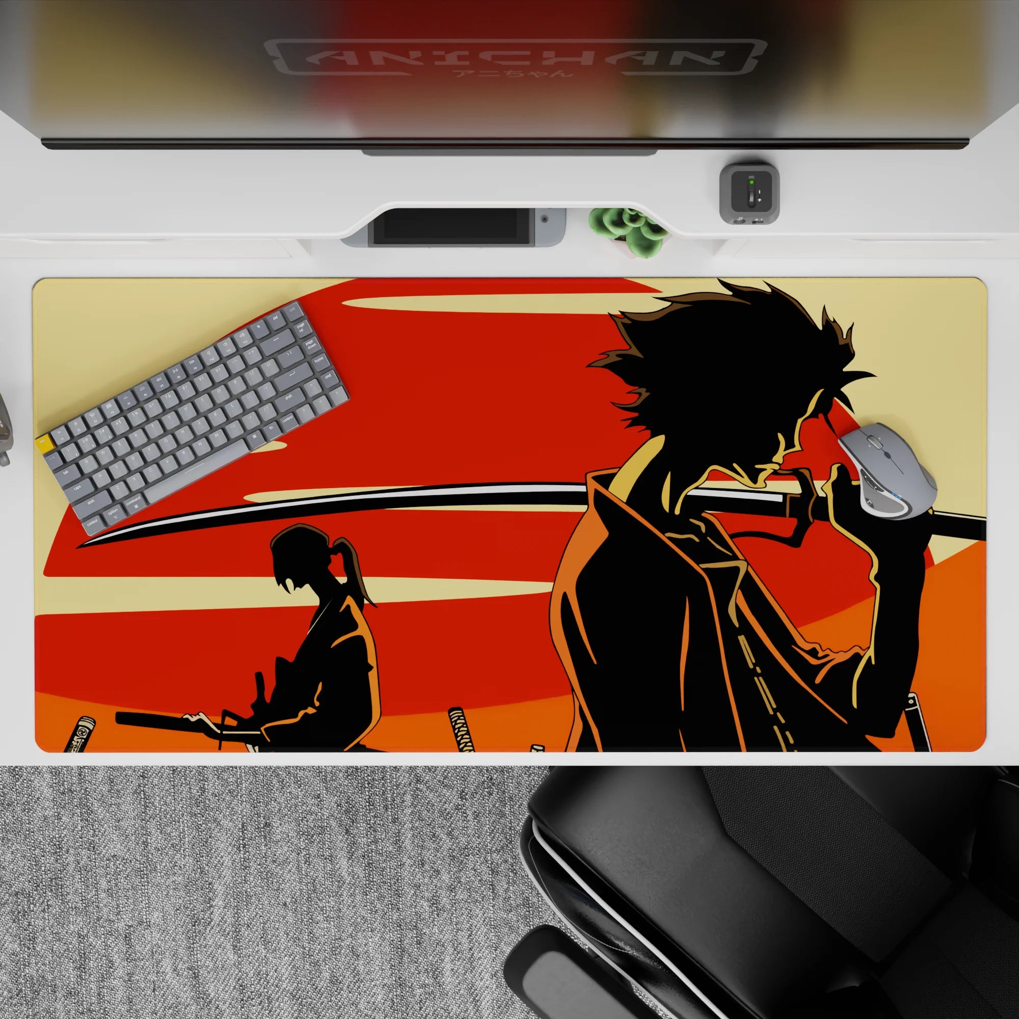 Anime desk pad 40x20 inches in red, cream, and black with a moody, nostalgic Samurai Champloo vibe.