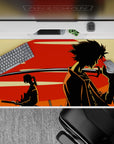 Anime desk pad 40x20 inches in red, cream, and black with a moody, nostalgic Samurai Champloo vibe.