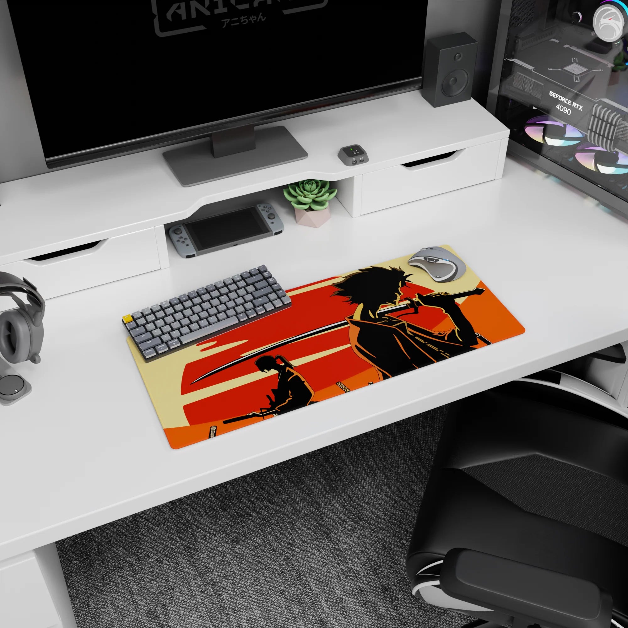 28x12 inches anime mouse pad featuring Mugen with sword and Jin seated in a striking silhouette scene.