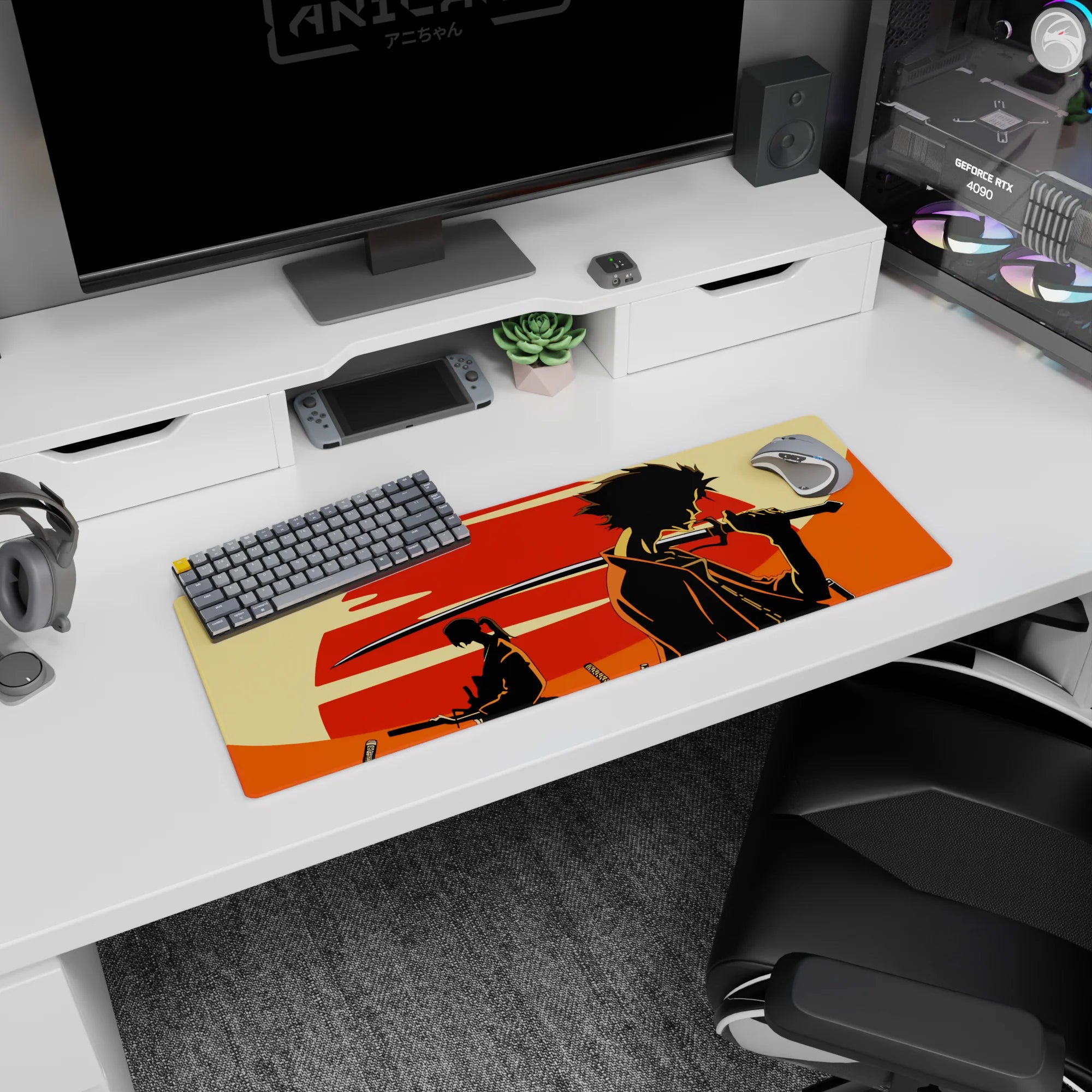 32x12 inches anime mouse pad featuring Mugen with sword and Jin in a calm Samurai Champloo scene.