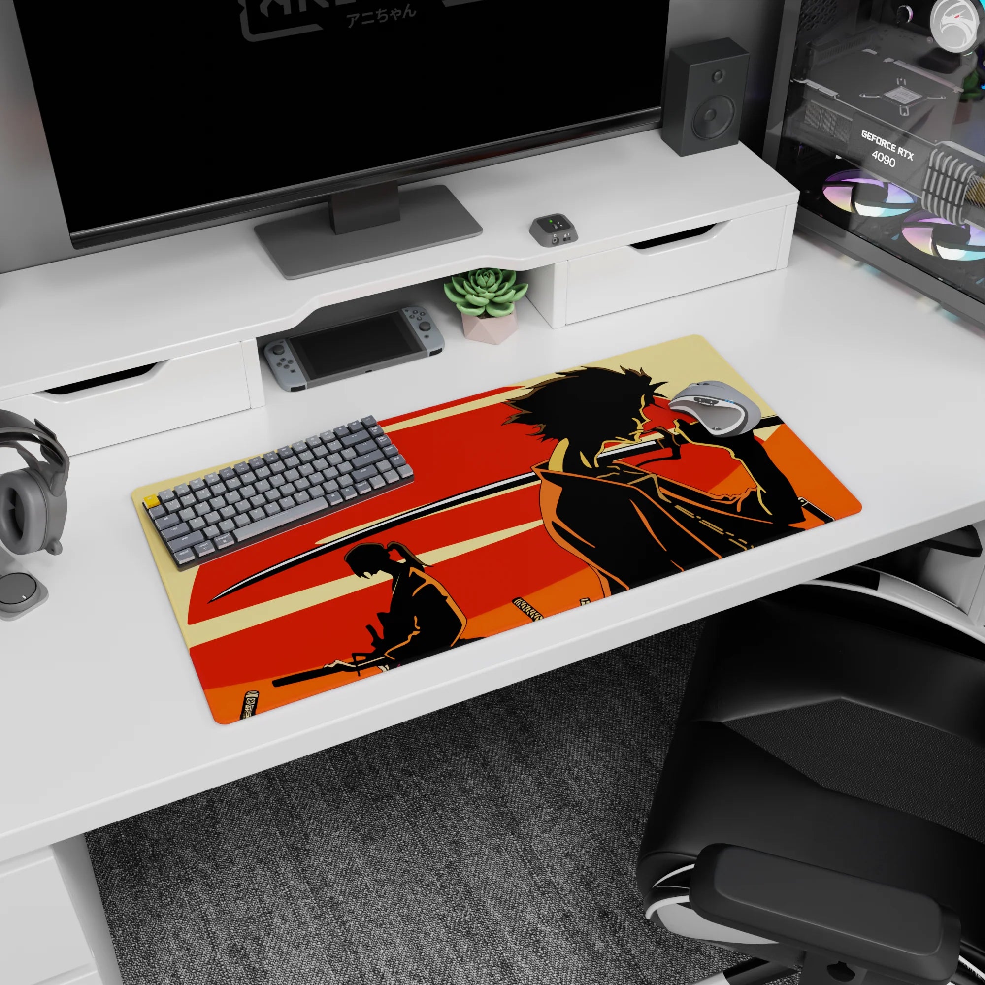 32x16 inches anime mouse pad featuring Mugen with sword and Jin in a striking silhouette scene.