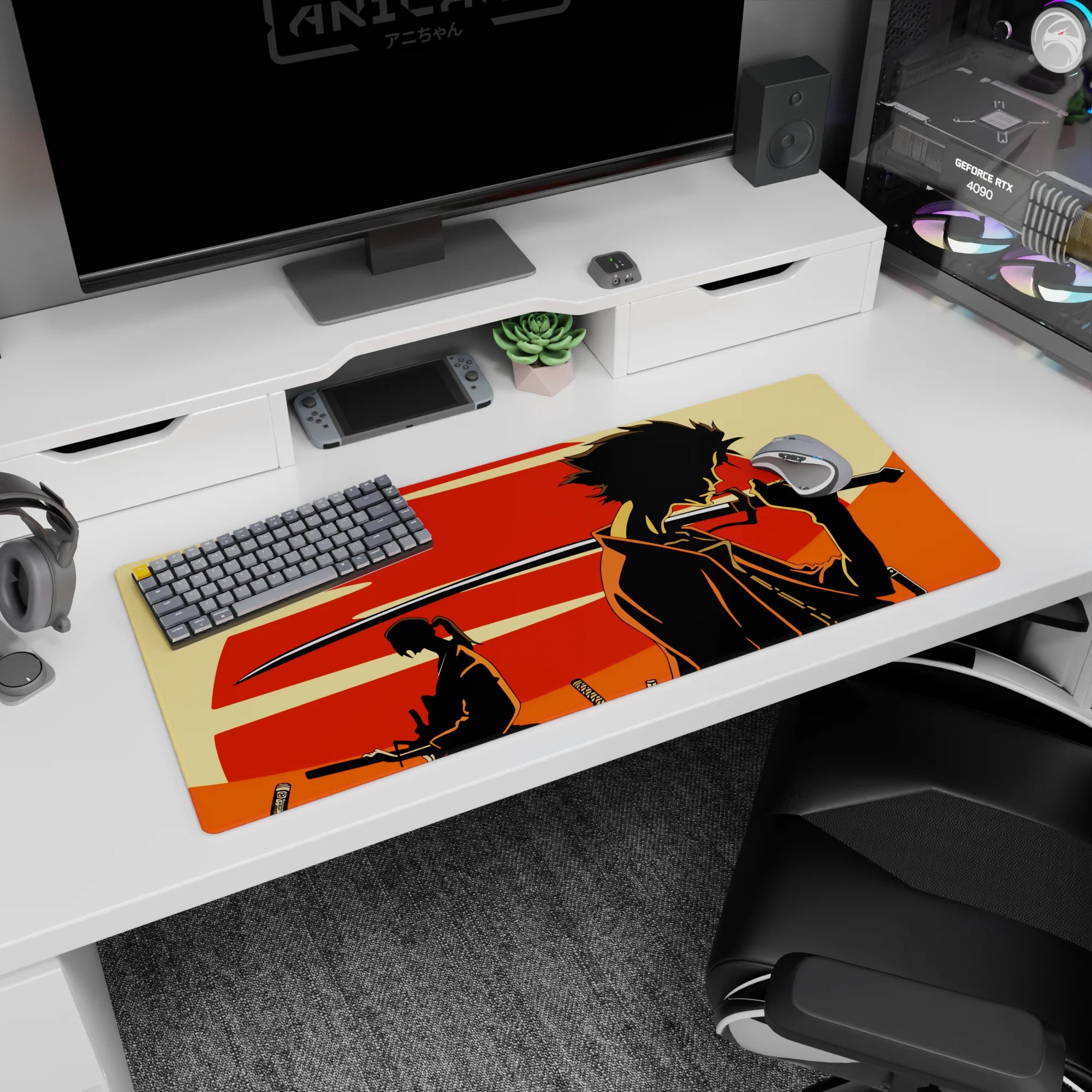 Mugen and Jin anime desk pad 36x16 inches, featuring a tense silhouette scene with samurai style.