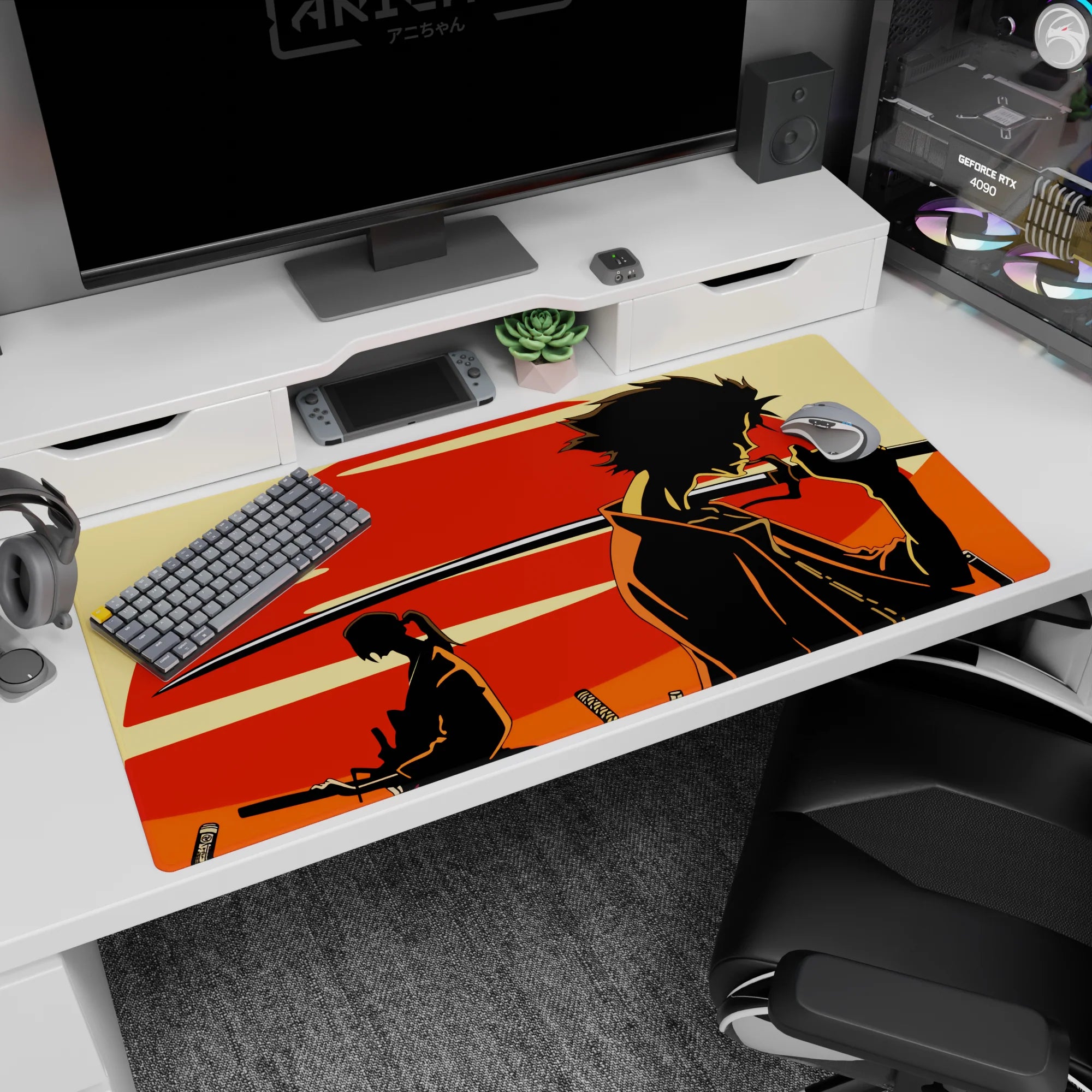 Mugen and Jin anime desk pad, 40x20 inches, featuring a fierce sword stance and calm distant silhouette.