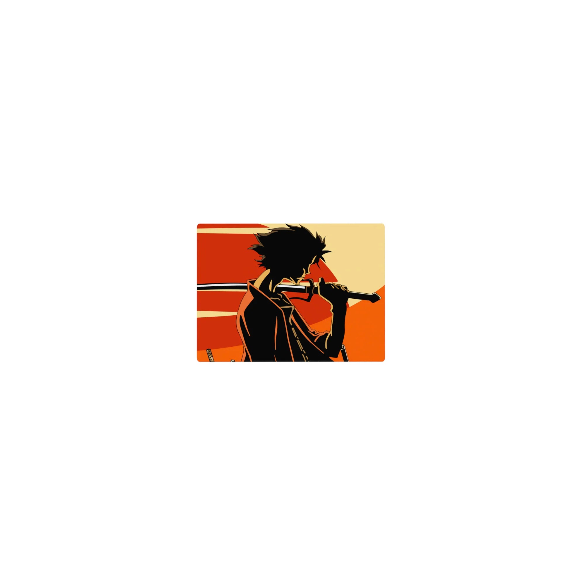 Samurai Champloo silhouette anime mouse pad, Mugen and Jin with red sun, classic design, 14x10 inches.