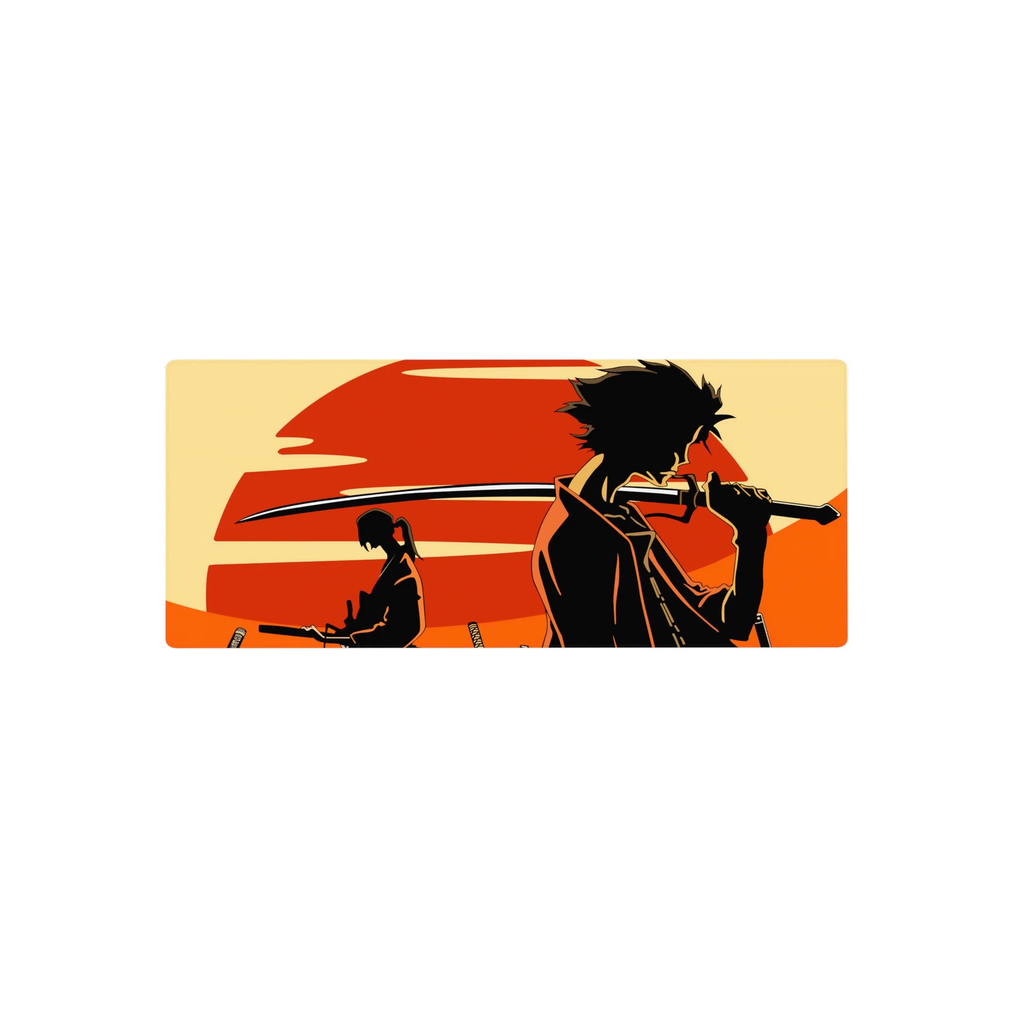 Samurai Champloo anime mouse pad, 28x12 inches, with bold Mugen and Jin silhouette design.