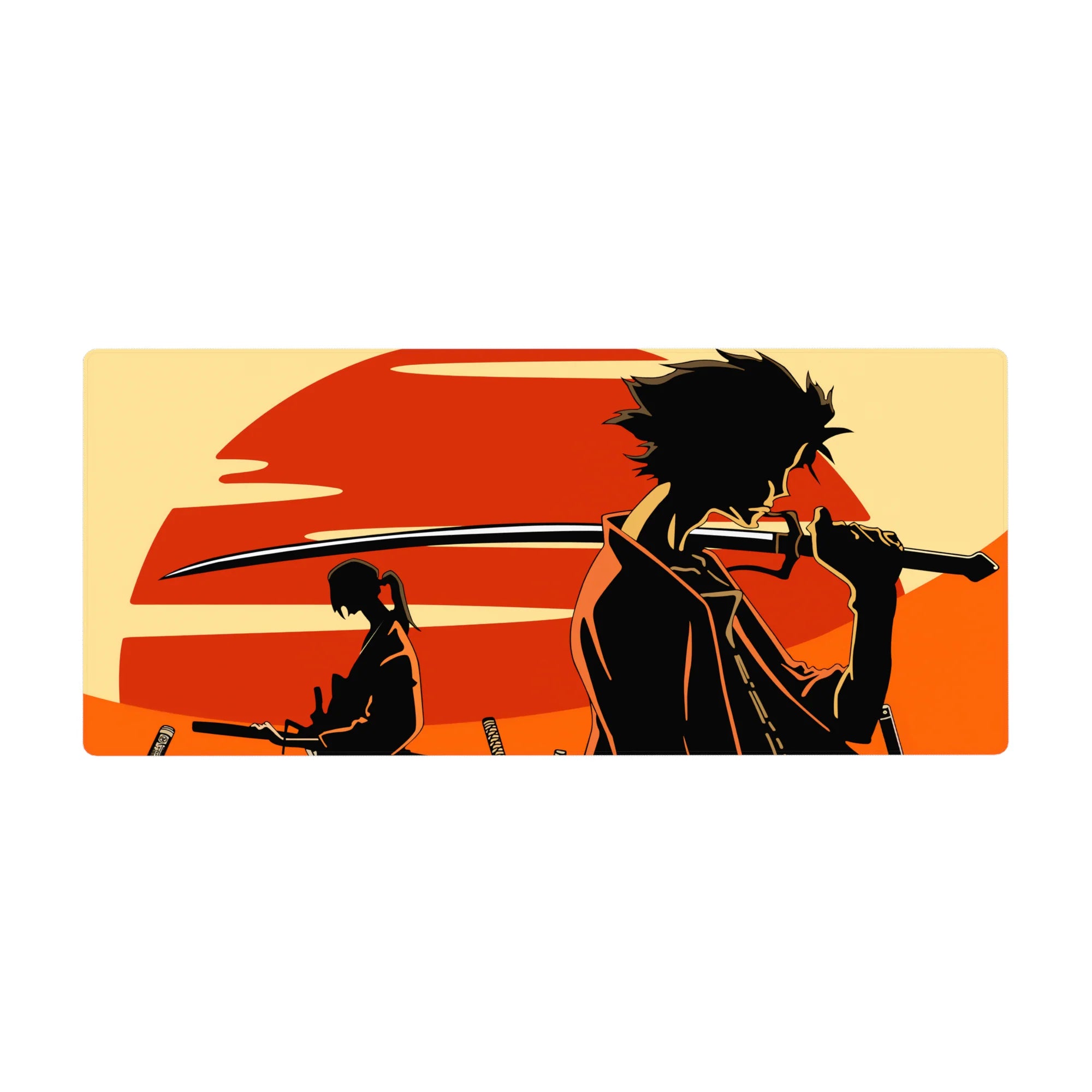 Samurai Champloo anime desk pad 36x16 inches with bold Mugen and Jin silhouette scene.