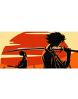 Samurai Champloo anime desk pad 36x16 inches with bold Mugen and Jin silhouette scene.