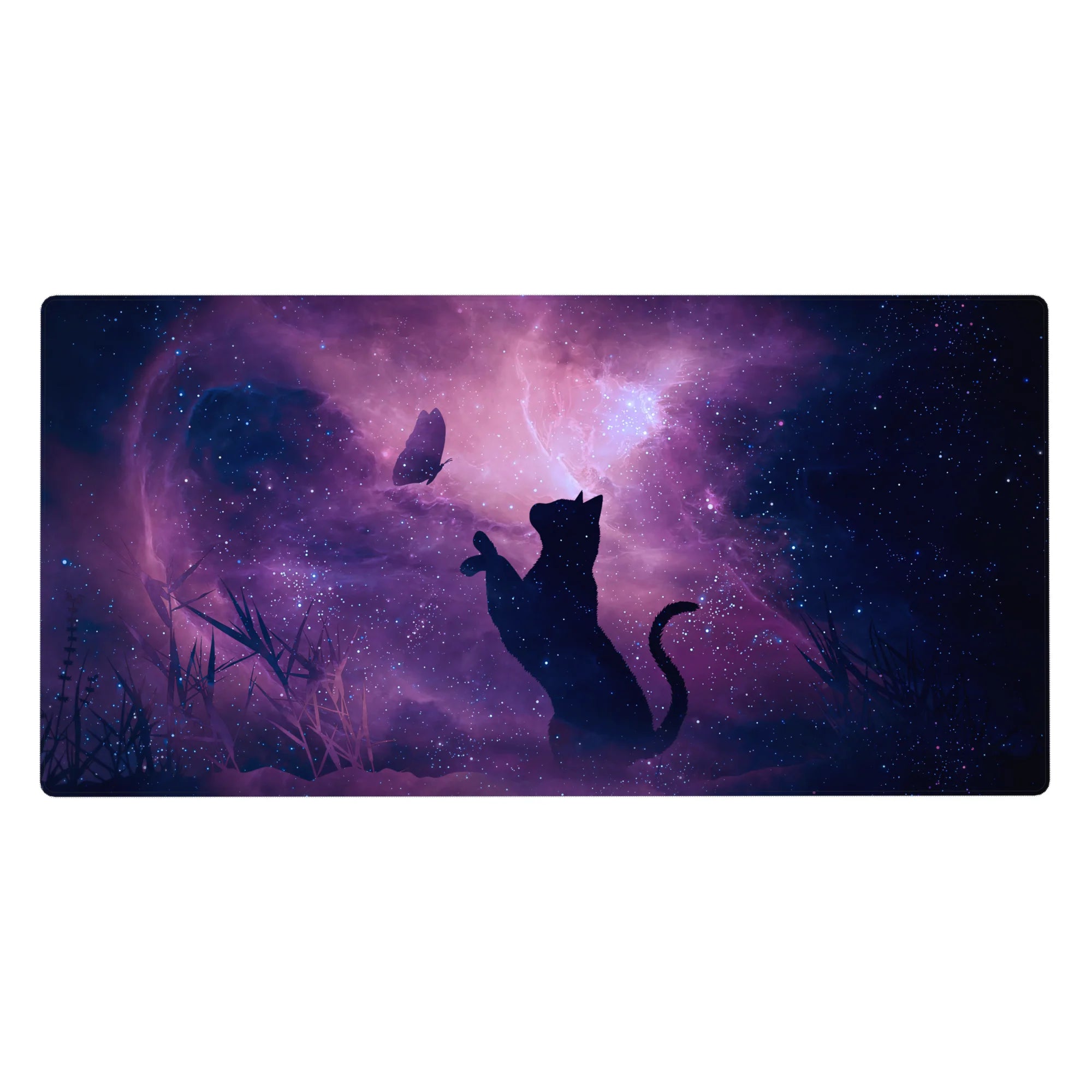Night sky cat and butterfly desk pad, star-speckled swirl design, 40x20 inches.