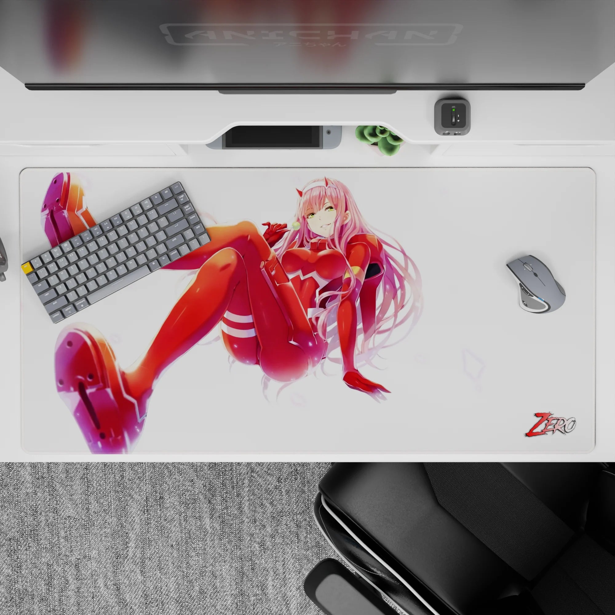 40x20 inches mouse pad with Zero Two design, showcasing her in a bold red pilot suit with an eye-catching pose for a confident, commanding anime vibe.