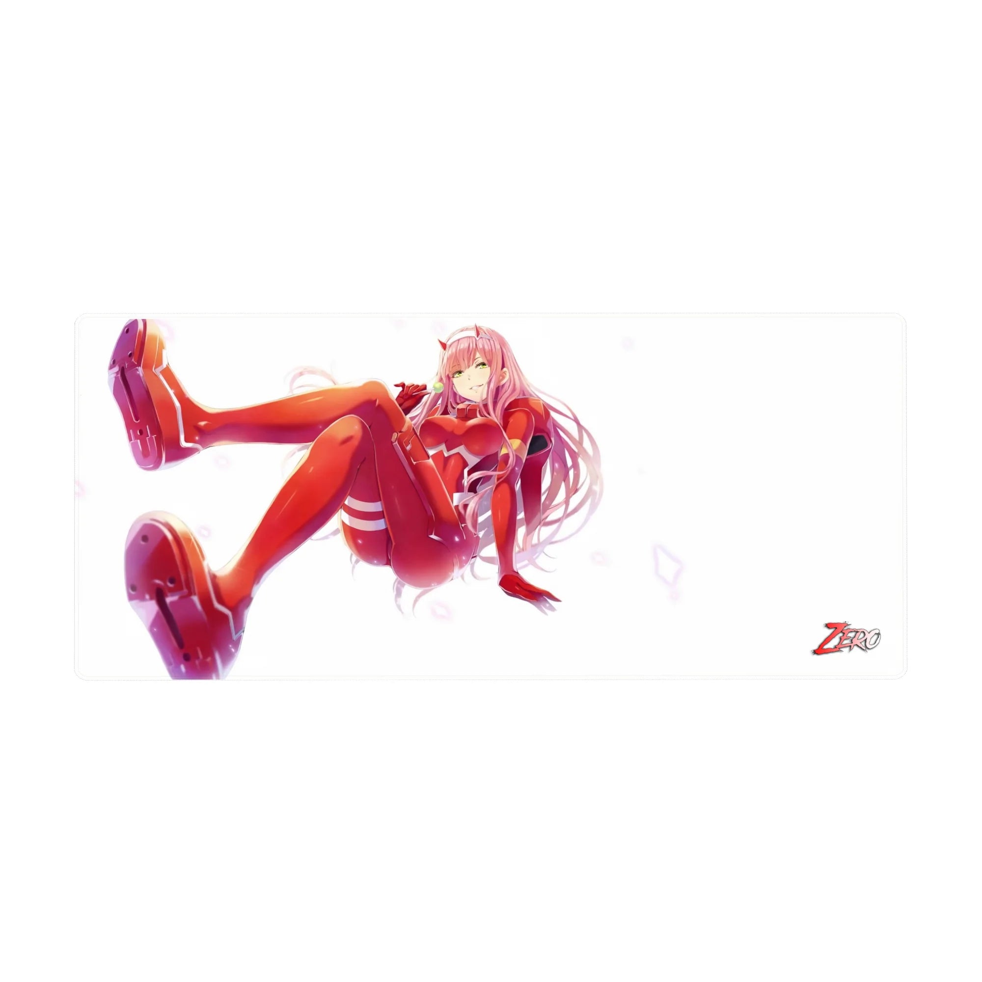 Mouse pad featuring Zero Two design, 36x16 inches, with her iconic red pilot suit and commanding pose for a bold, attention-grabbing anime aesthetic.