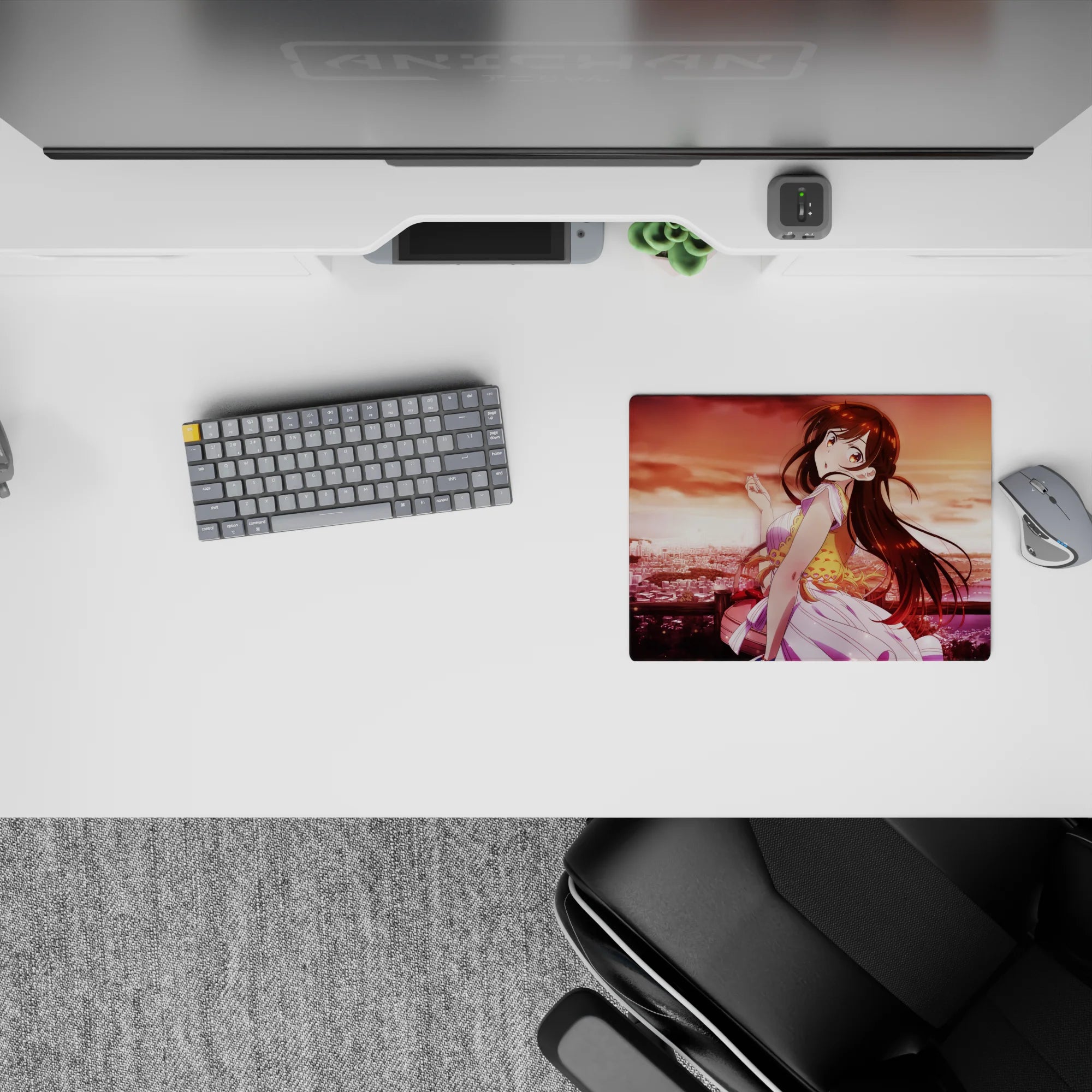 Dreamy apricot-sky anime girl mouse pad 14x10 inches in rosy reds and golds, soft sunset vibes.