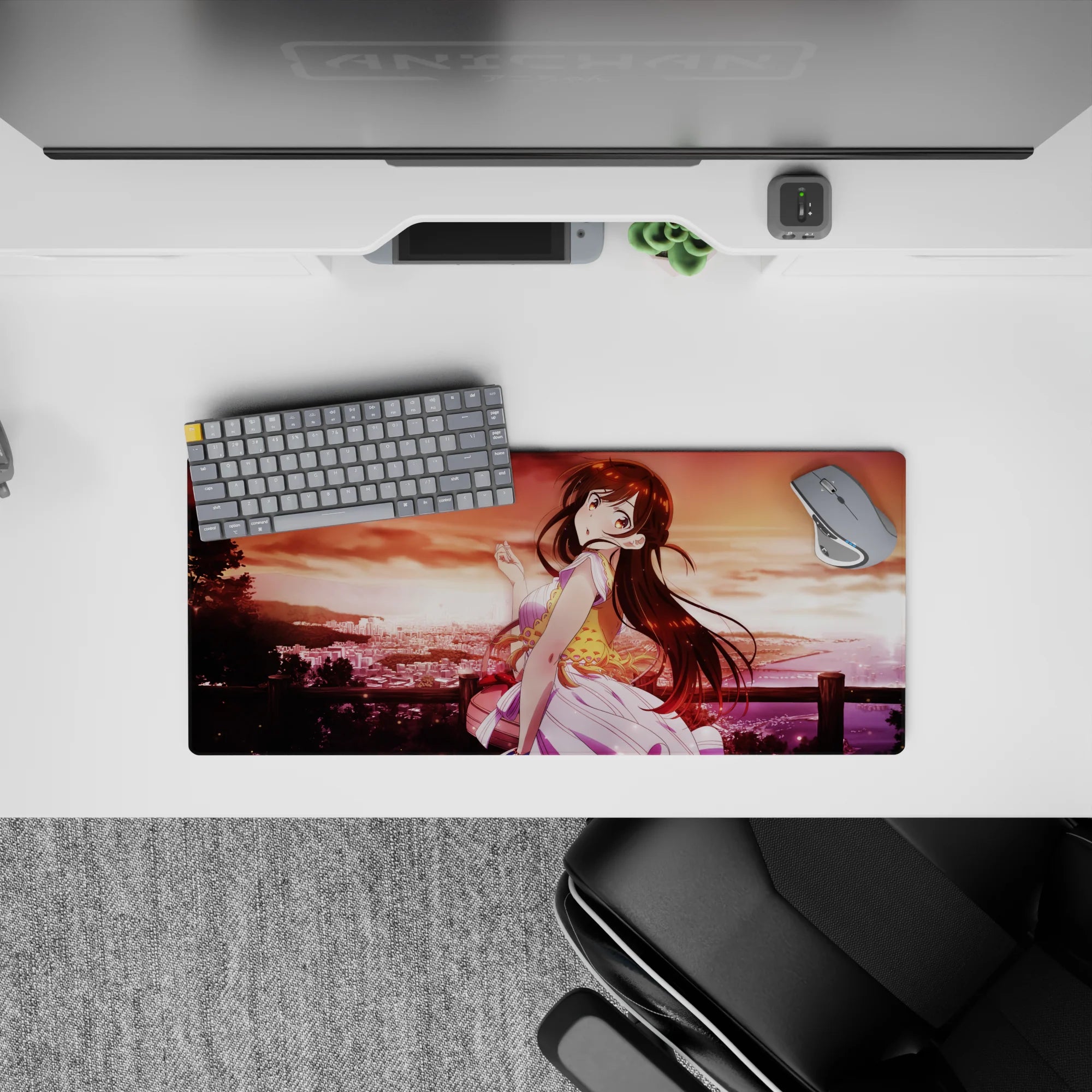 28x12 inches anime girl mouse pad in warm apricot sky, rosy reds and golds, dreamy soft sunset vibes.
