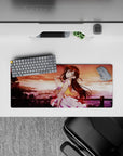 28x12 inches anime girl mouse pad in warm apricot sky, rosy reds and golds, dreamy soft sunset vibes.