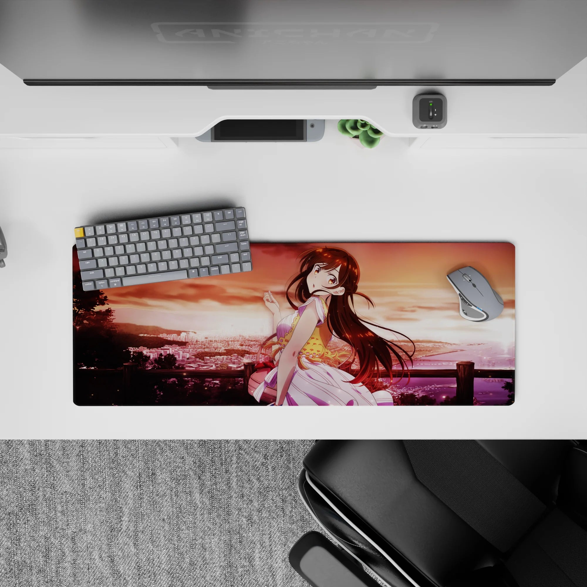 32x12 inches anime girl mouse pad in warm apricot sky, rosy reds and gold glow, dreamy soft vibes.