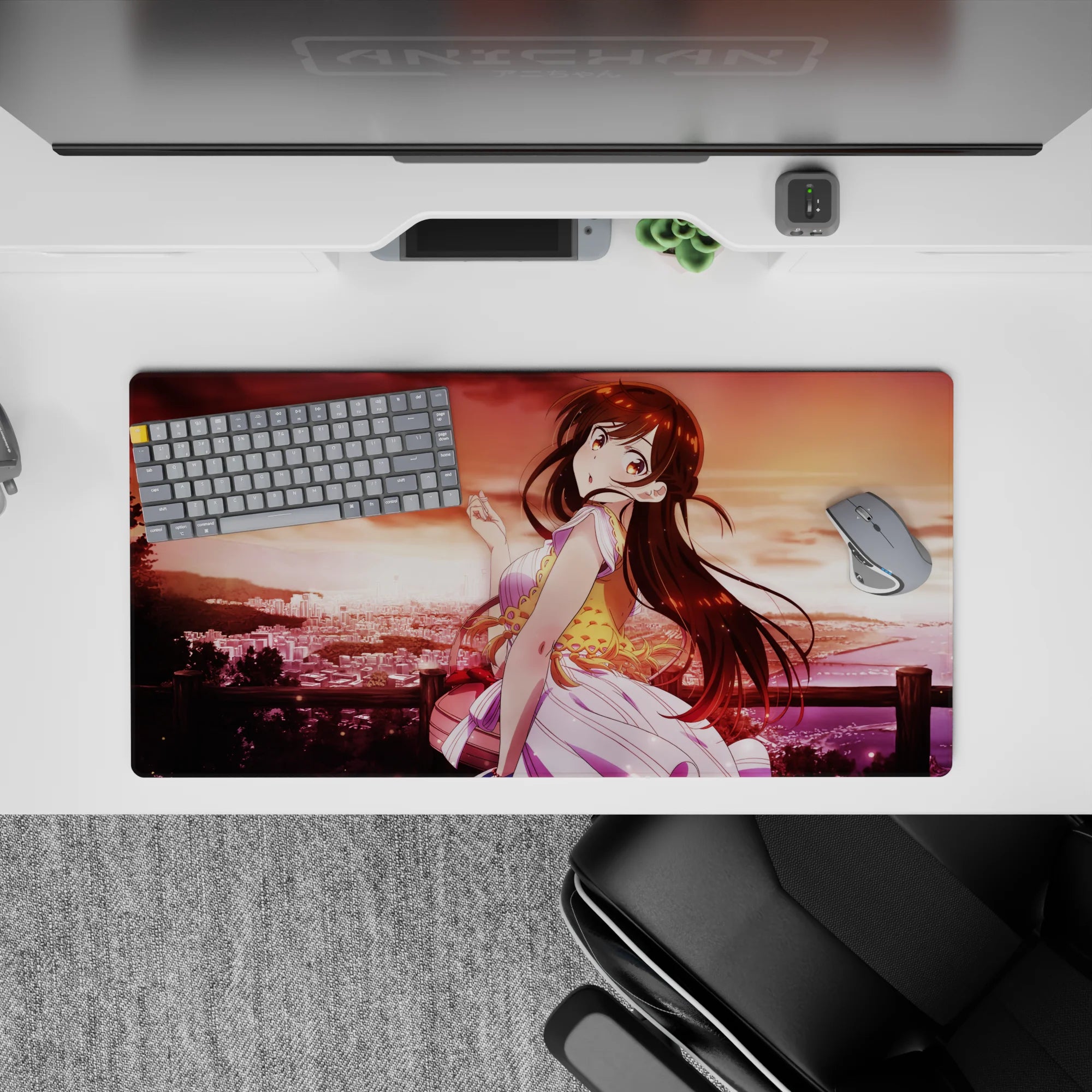 Dreamy anime girl mouse pad 32x16 inches in warm apricot sky, rosy reds and gold glow, soft sunset vibes.