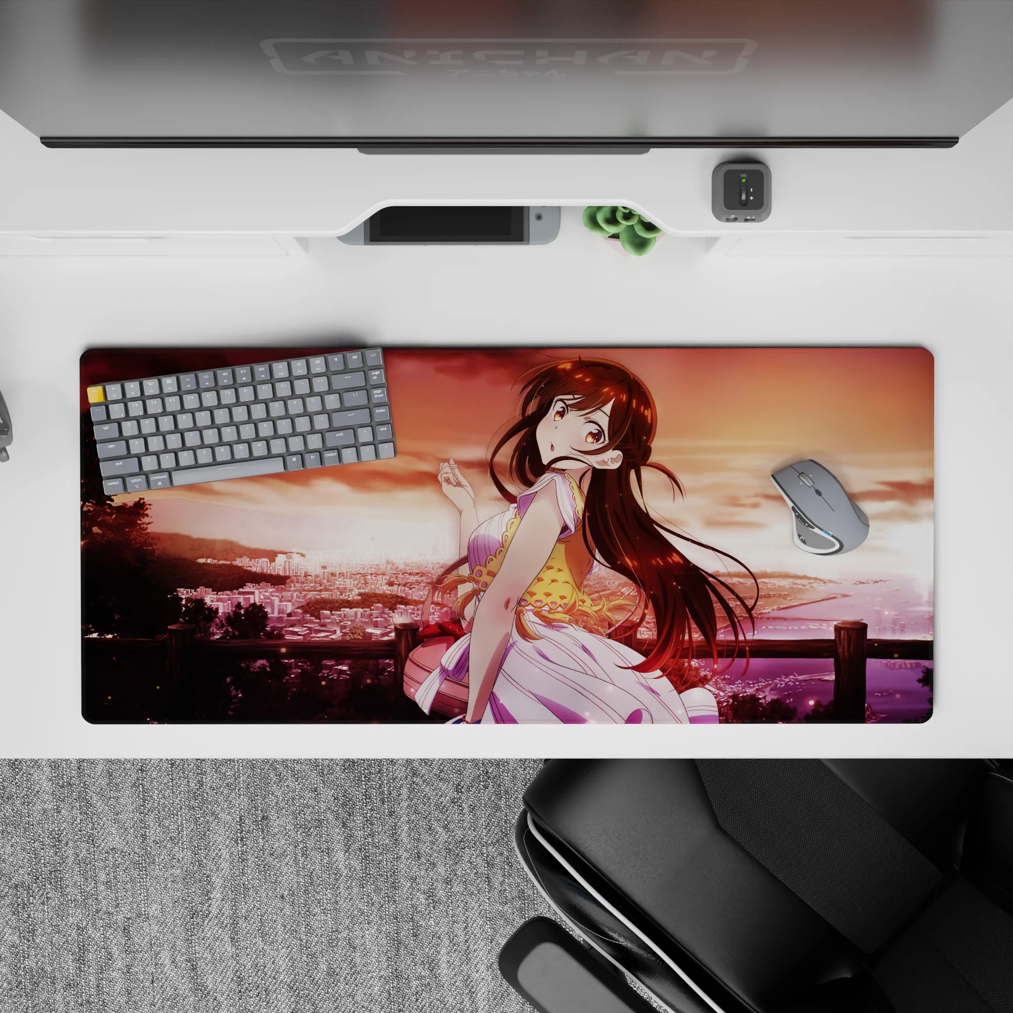 Dreamy apricot-sky anime girl desk pad 36x16 inches with rosy reds, gold glow, and sparkling highlights.